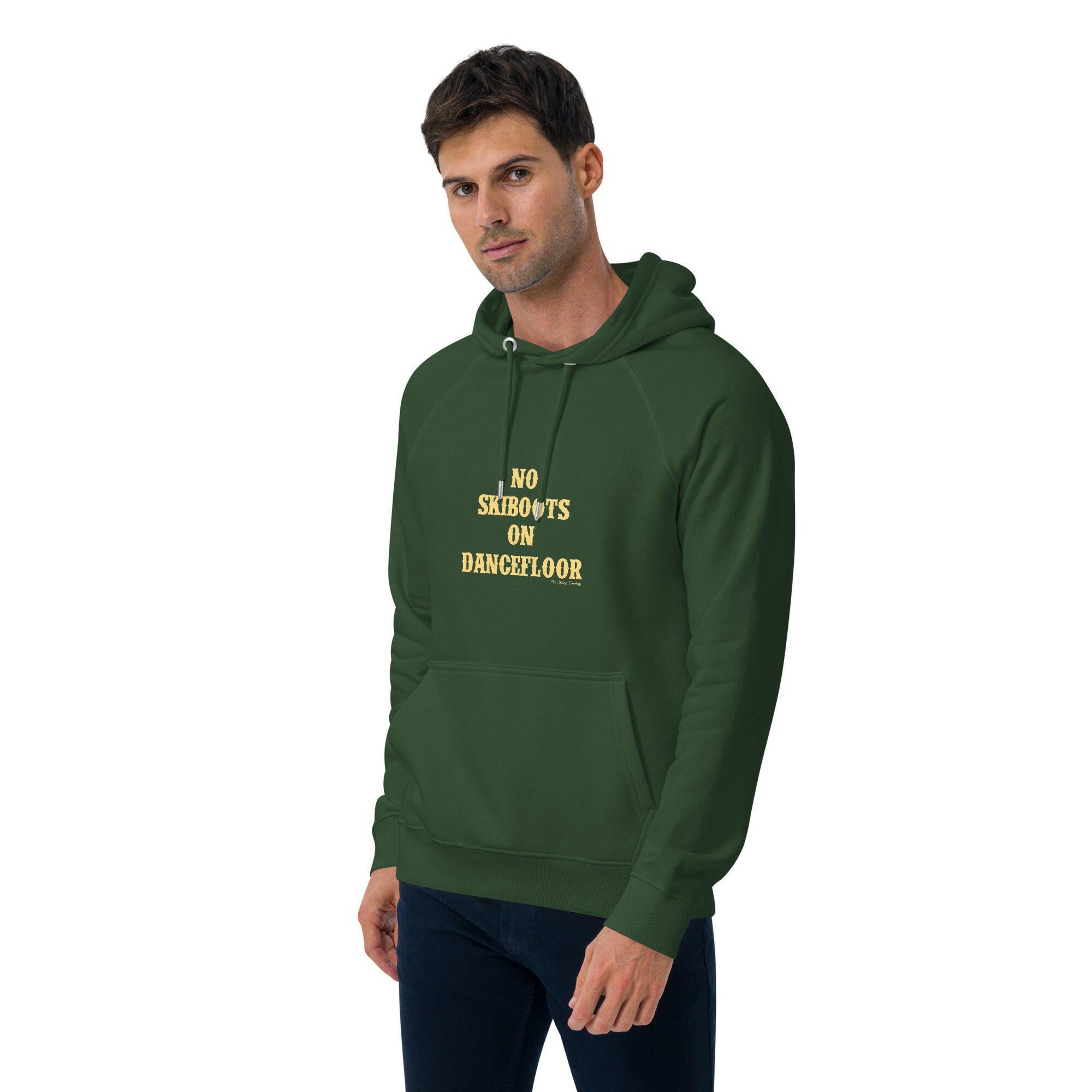 Unisex eco raglan hoodie No Skiboots on Dancefloor on dark colors