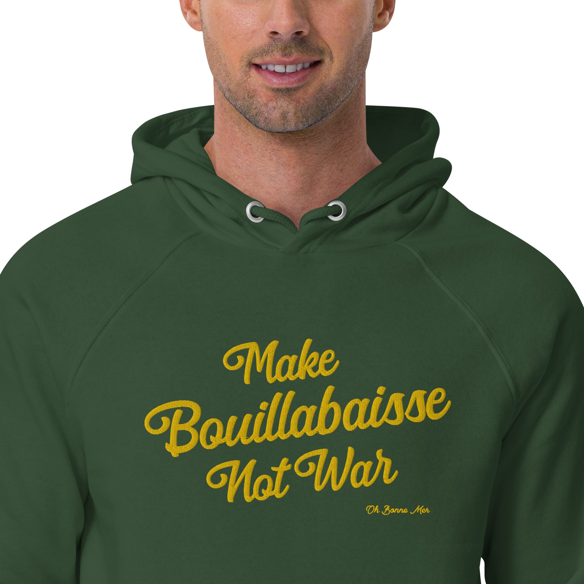 Sweat à capuche écologique Raglan unisexe Make Bouillabaisse Not War grand motif brodé gold