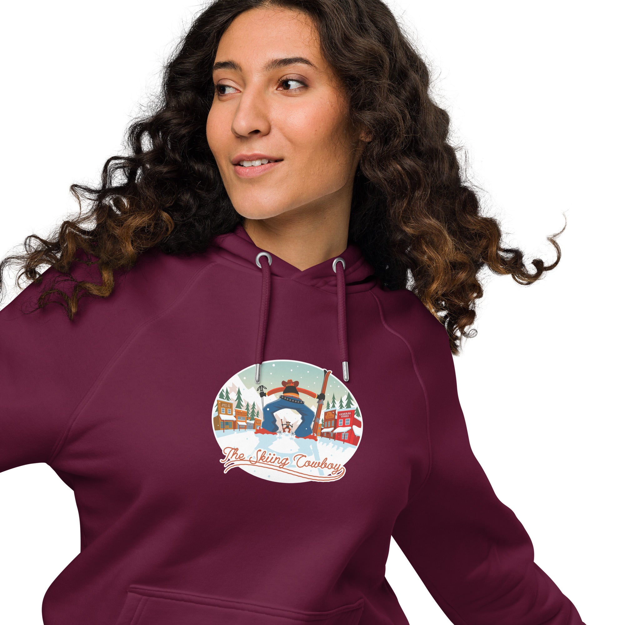 Unisex eco raglan hoodie Skiing Duel (front & back)