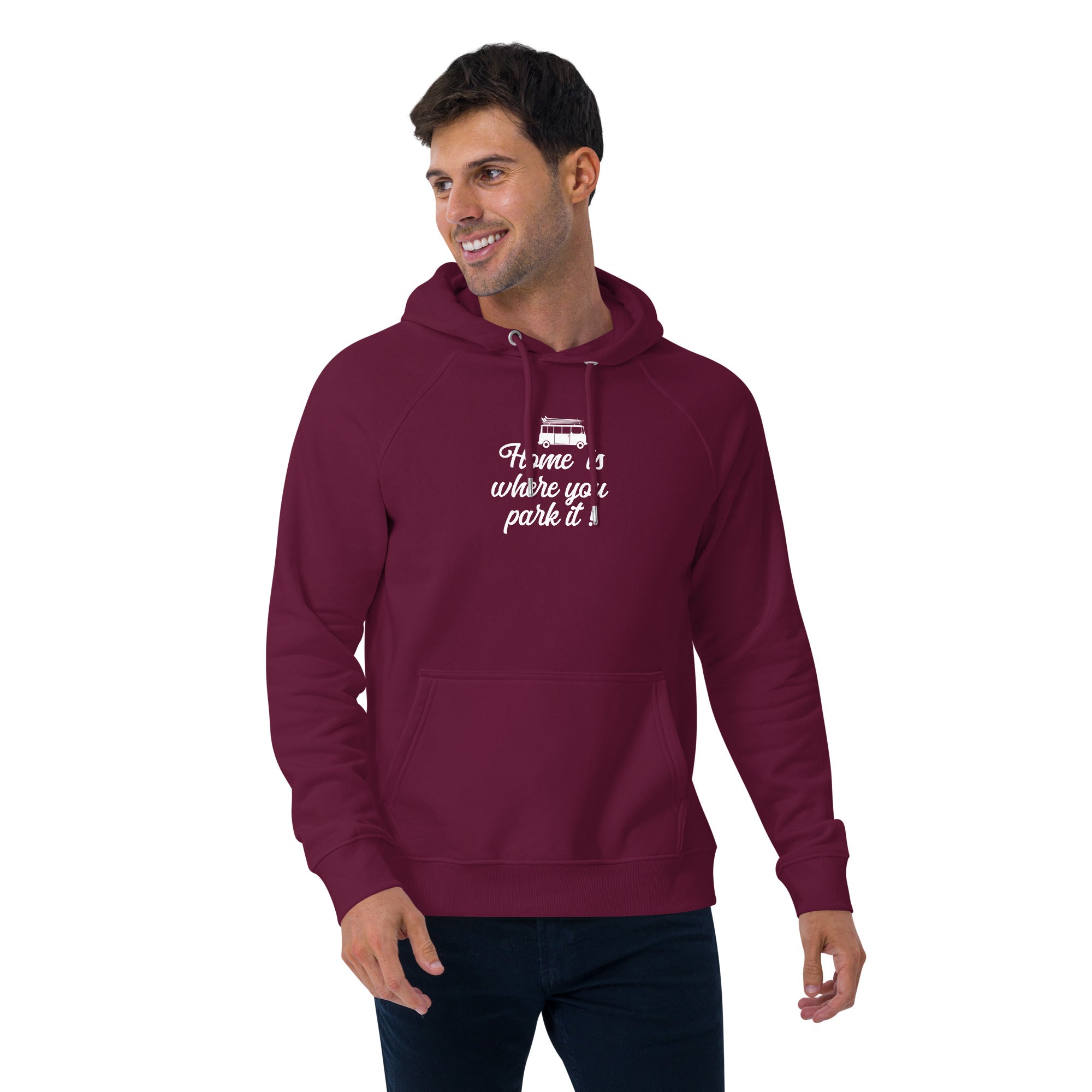 Unisex eco raglan hoodie White Surf Combi Home is where you park it