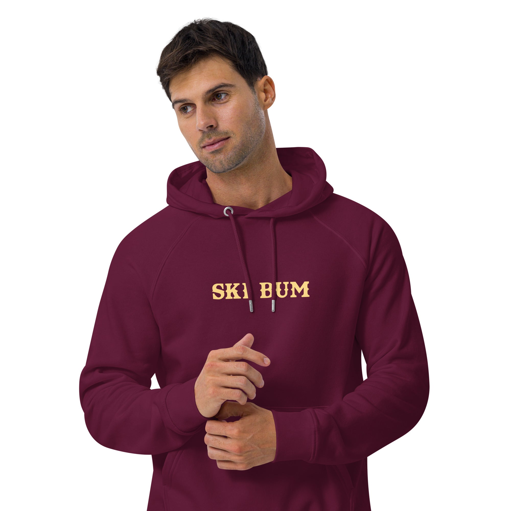 Unisex eco raglan hoodie Ski Bum light text