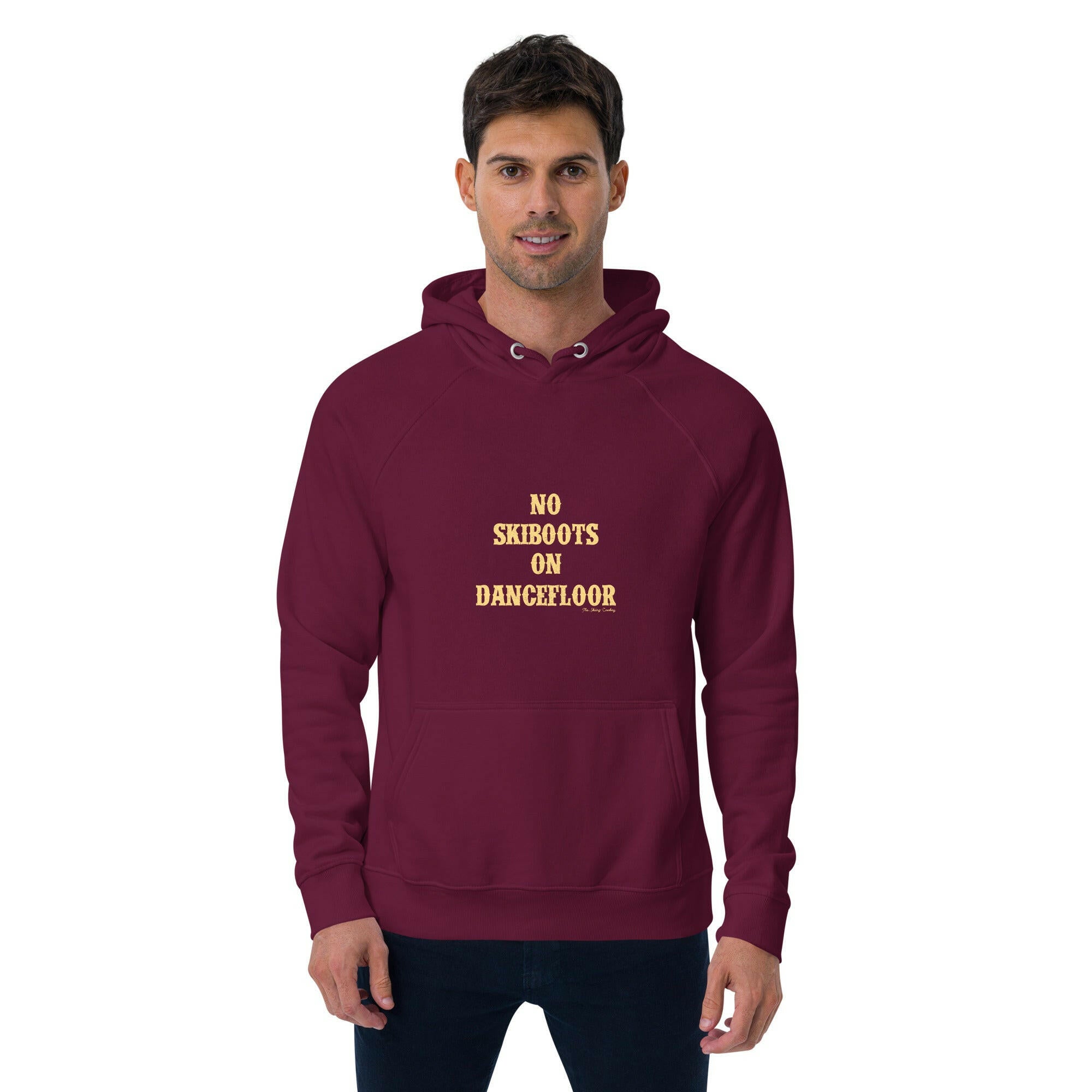 Unisex eco raglan hoodie No Skiboots on Dancefloor on dark colors