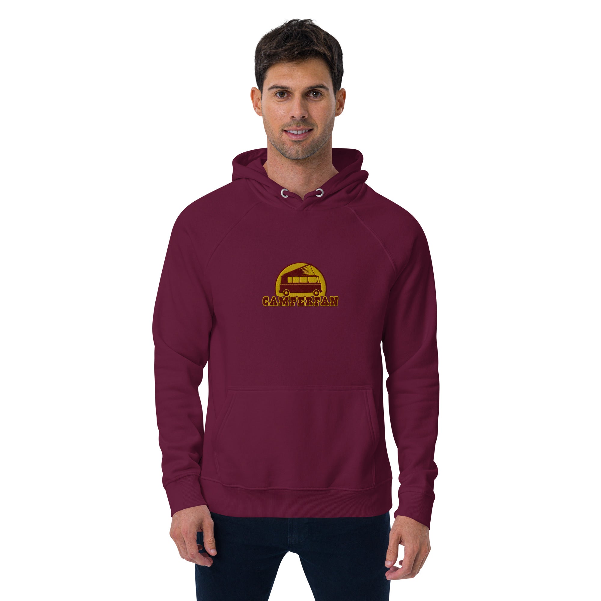 Unisex eco raglan hoodie maroon/gold embroidered pattern