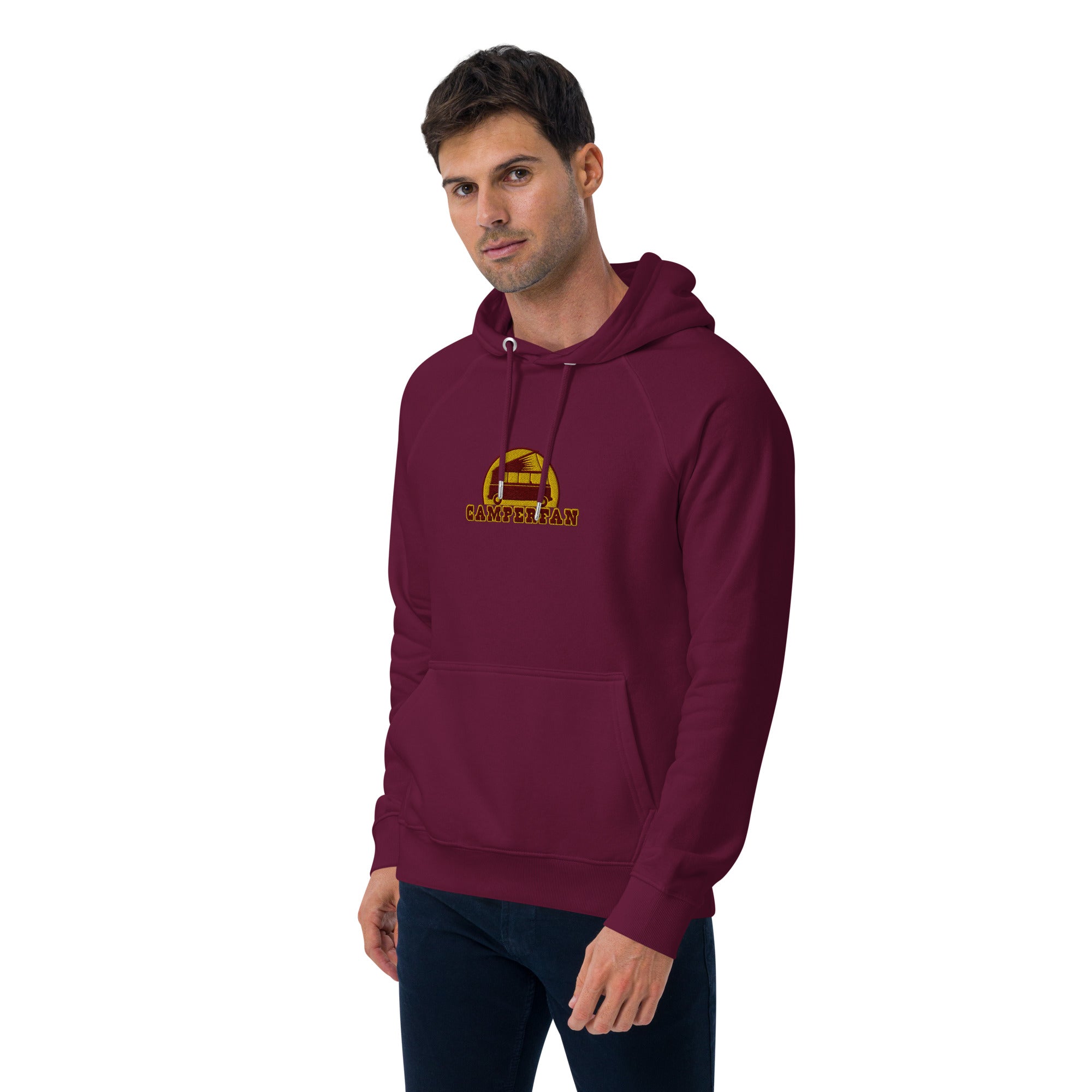 Unisex eco raglan hoodie maroon/gold embroidered pattern