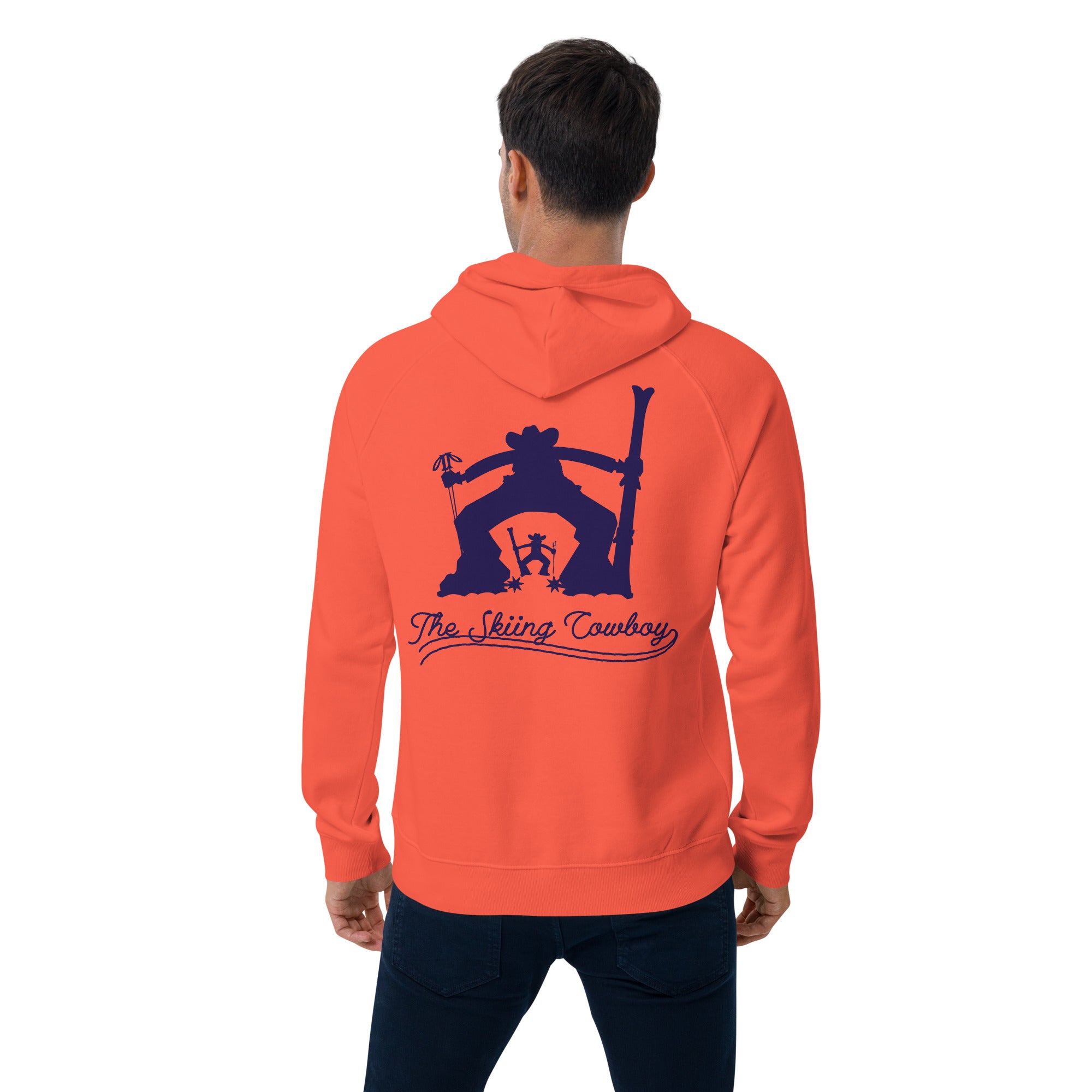 Unisex eco raglan hoodie The Skiing Cowboy Duel Silhouette (front & back)