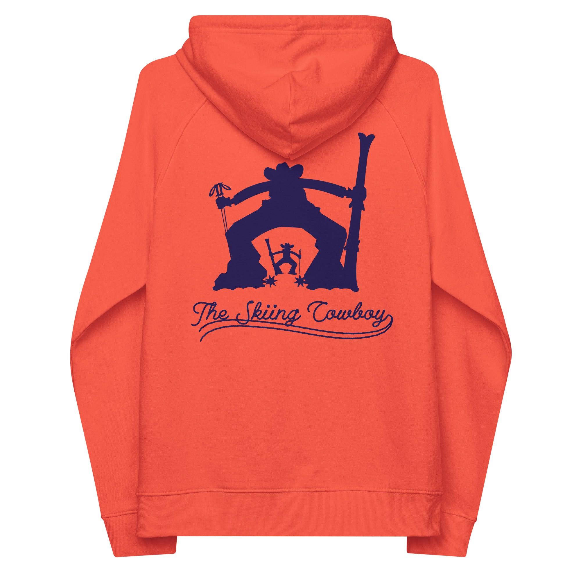 Unisex eco raglan hoodie The Skiing Cowboy Duel Silhouette (front & back)