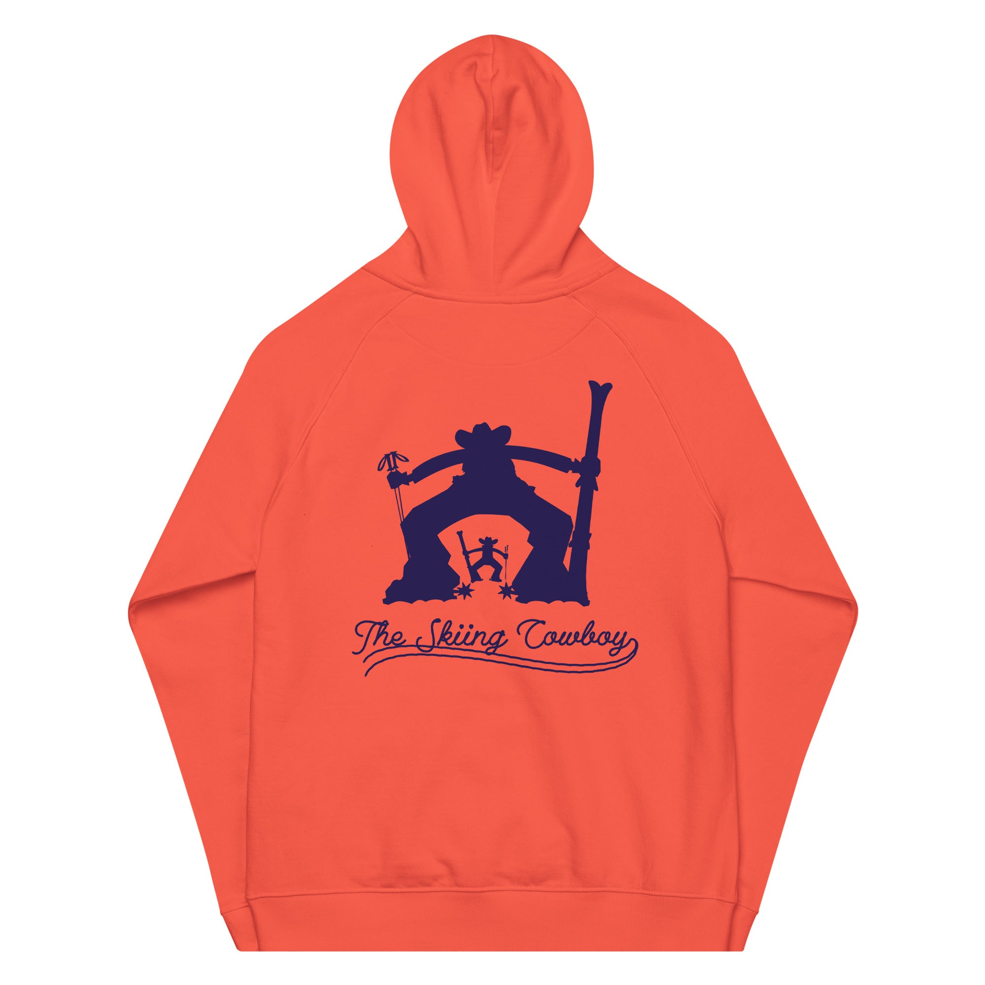 Unisex eco raglan hoodie The Skiing Cowboy Duel Silhouette (front & back)