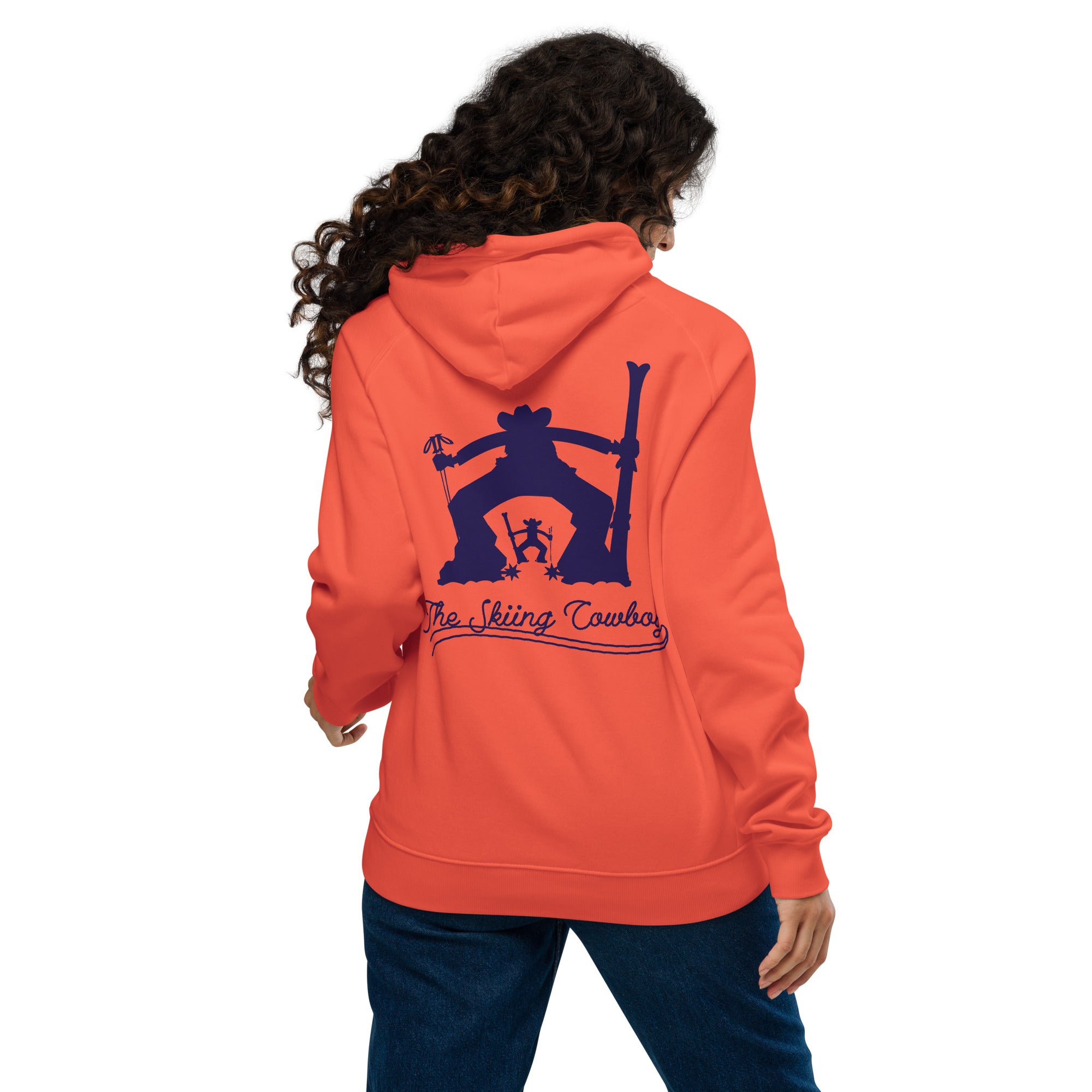 Unisex eco raglan hoodie The Skiing Cowboy Duel Silhouette (front & back)
