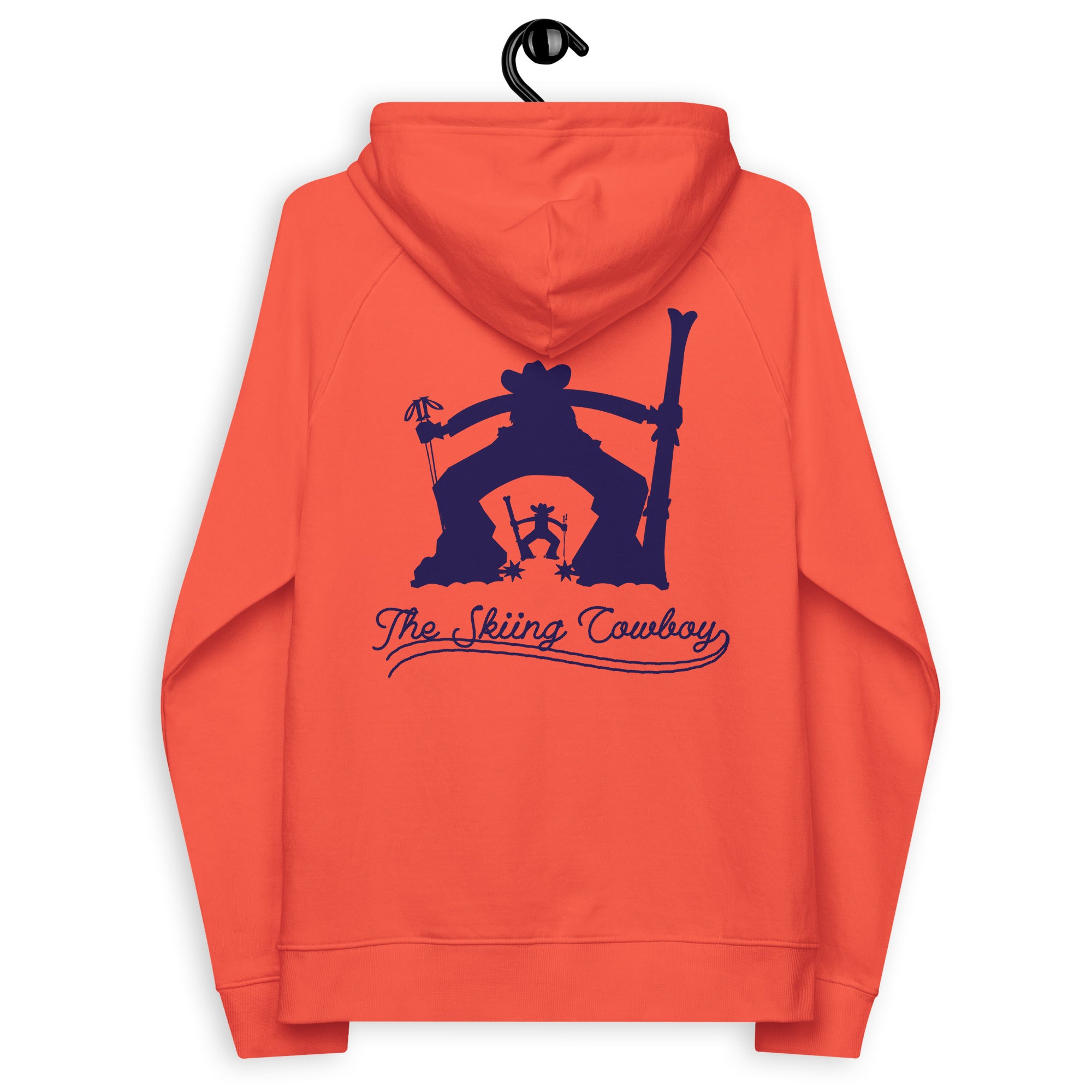 Unisex eco raglan hoodie The Skiing Cowboy Duel Silhouette (front & back)