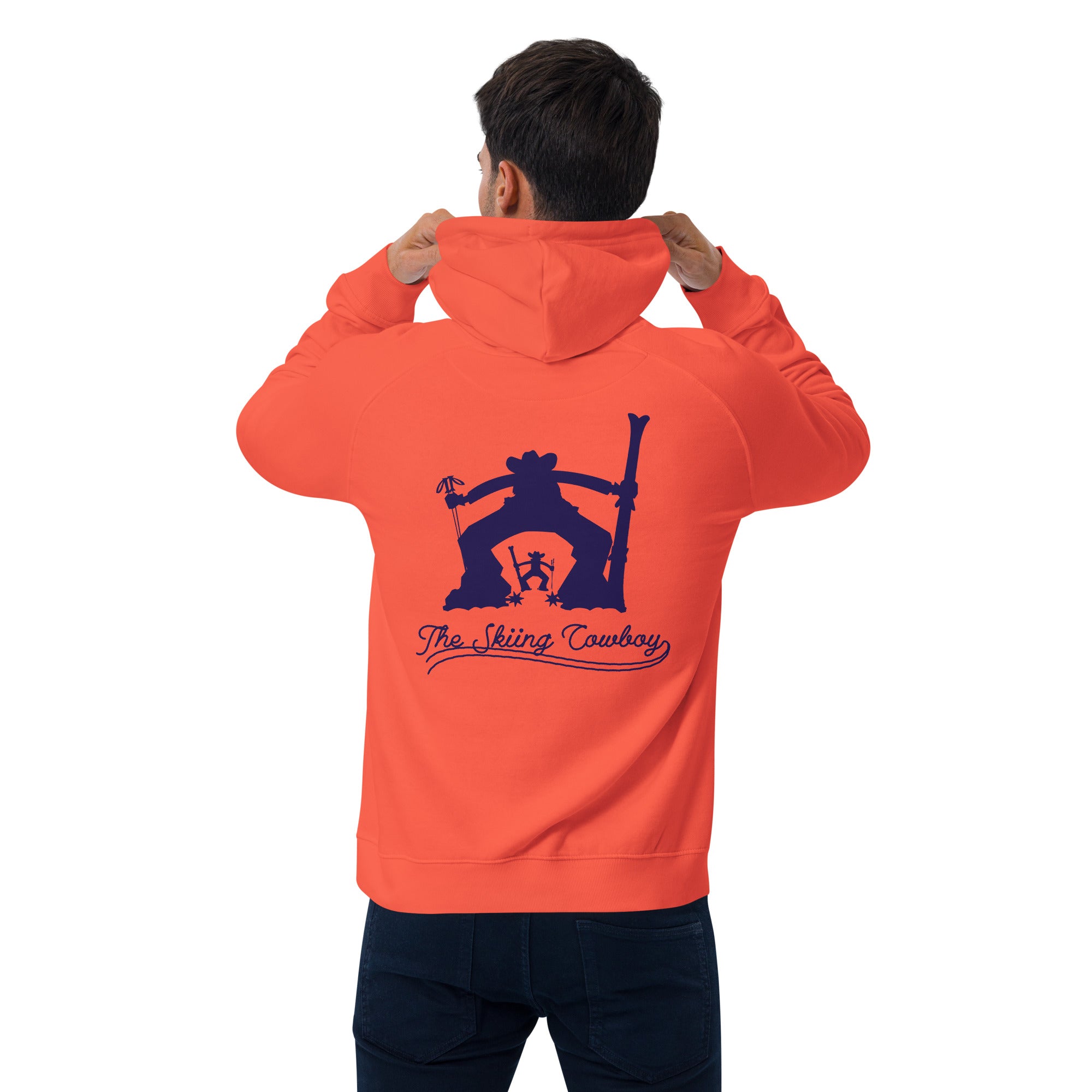 Unisex eco raglan hoodie The Skiing Cowboy Duel Silhouette (front & back)