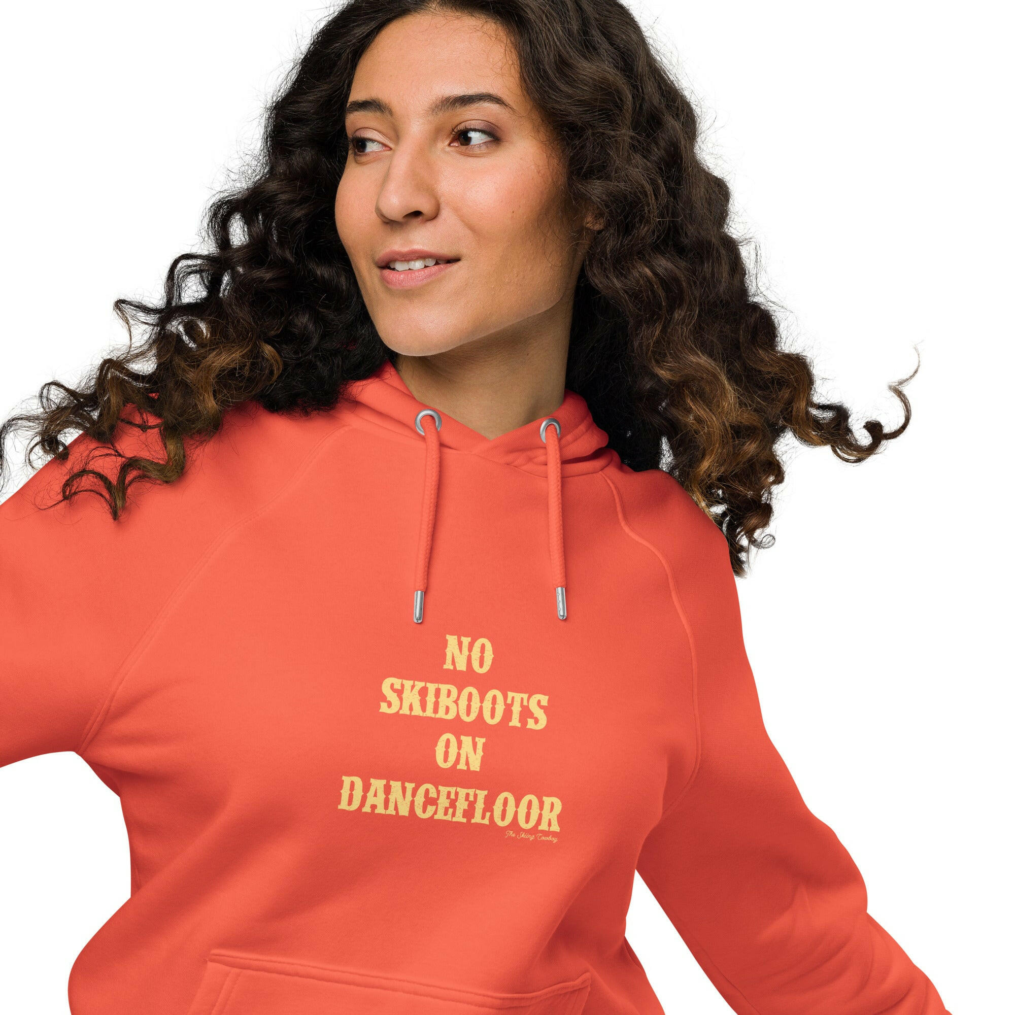 Unisex eco raglan hoodie No Skiboots on Dancefloor on dark colors