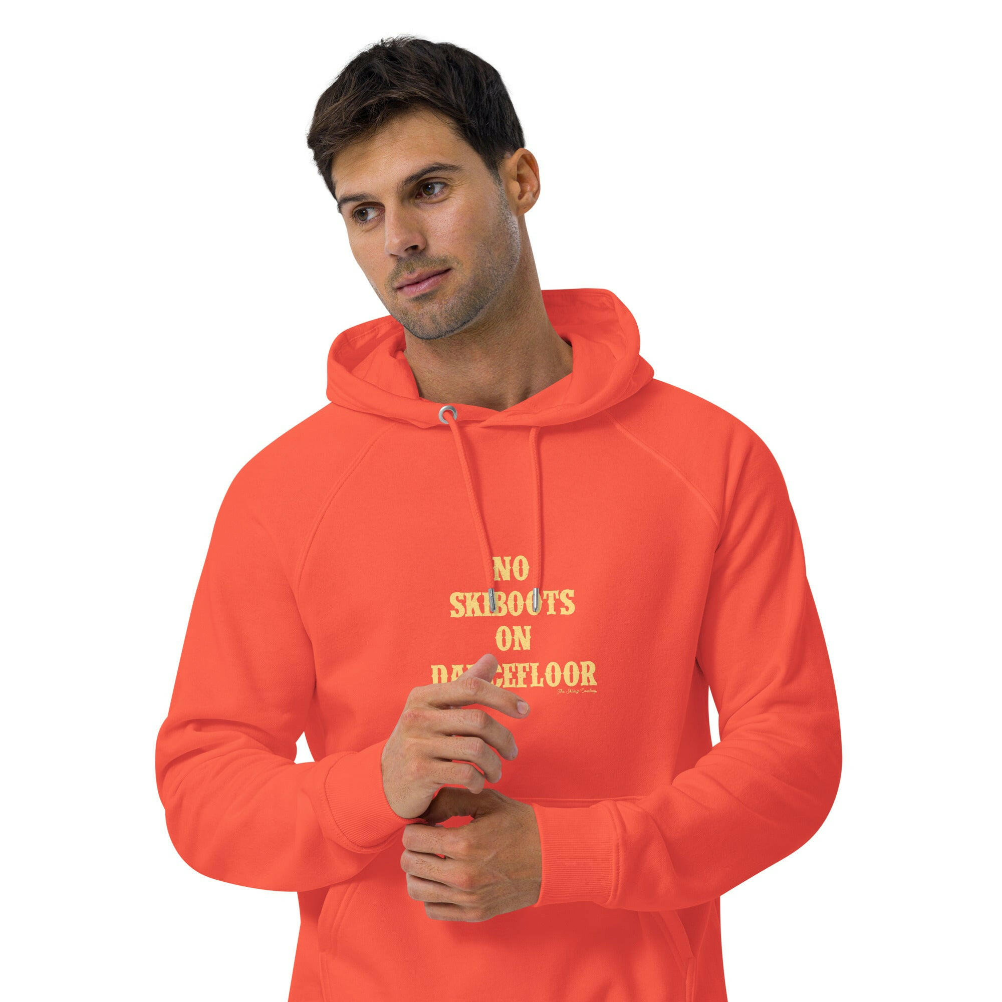 Unisex eco raglan hoodie No Skiboots on Dancefloor on dark colors