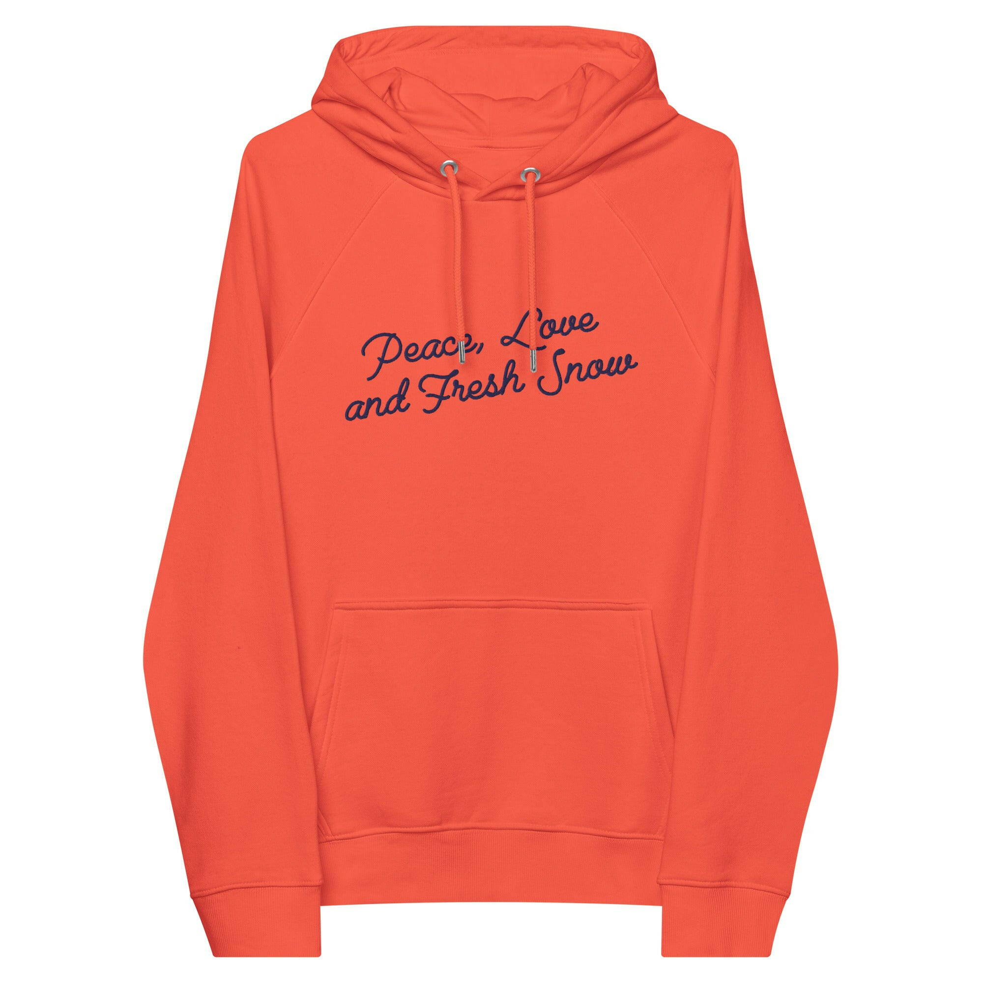 Sweat à capuche écologique Raglan unisexe Peace, Love and Fresh Snow texte bleu marine grand motif brodé