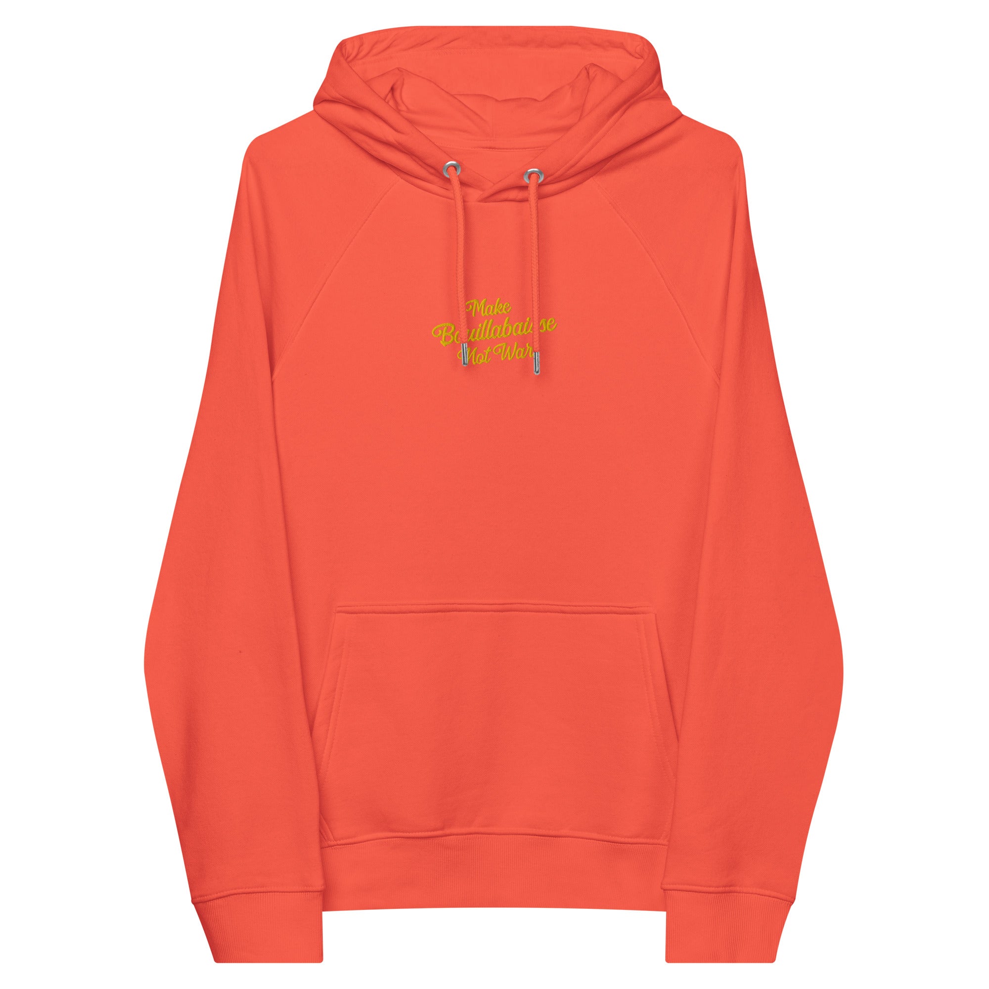 Unisex eco raglan hoodie Make Bouillabaisse Not War embroidered pattern (front) + print (back)