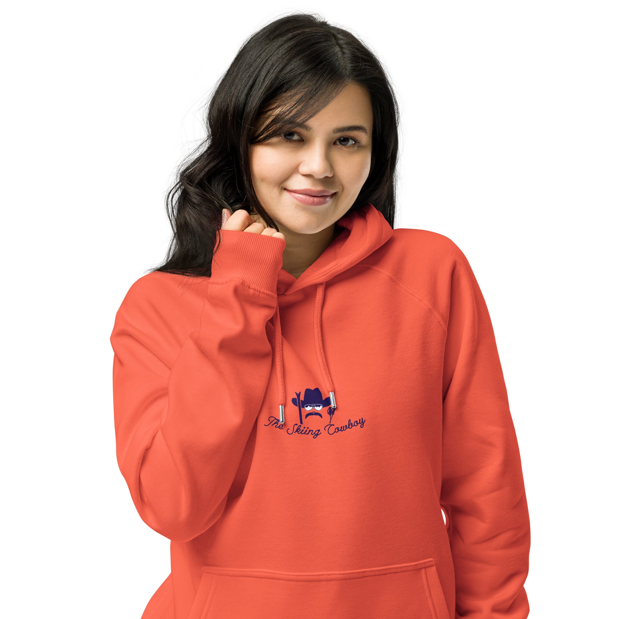 Unisex eco raglan hoodie The Skiing Cowboy Duel Silhouette (front & back)