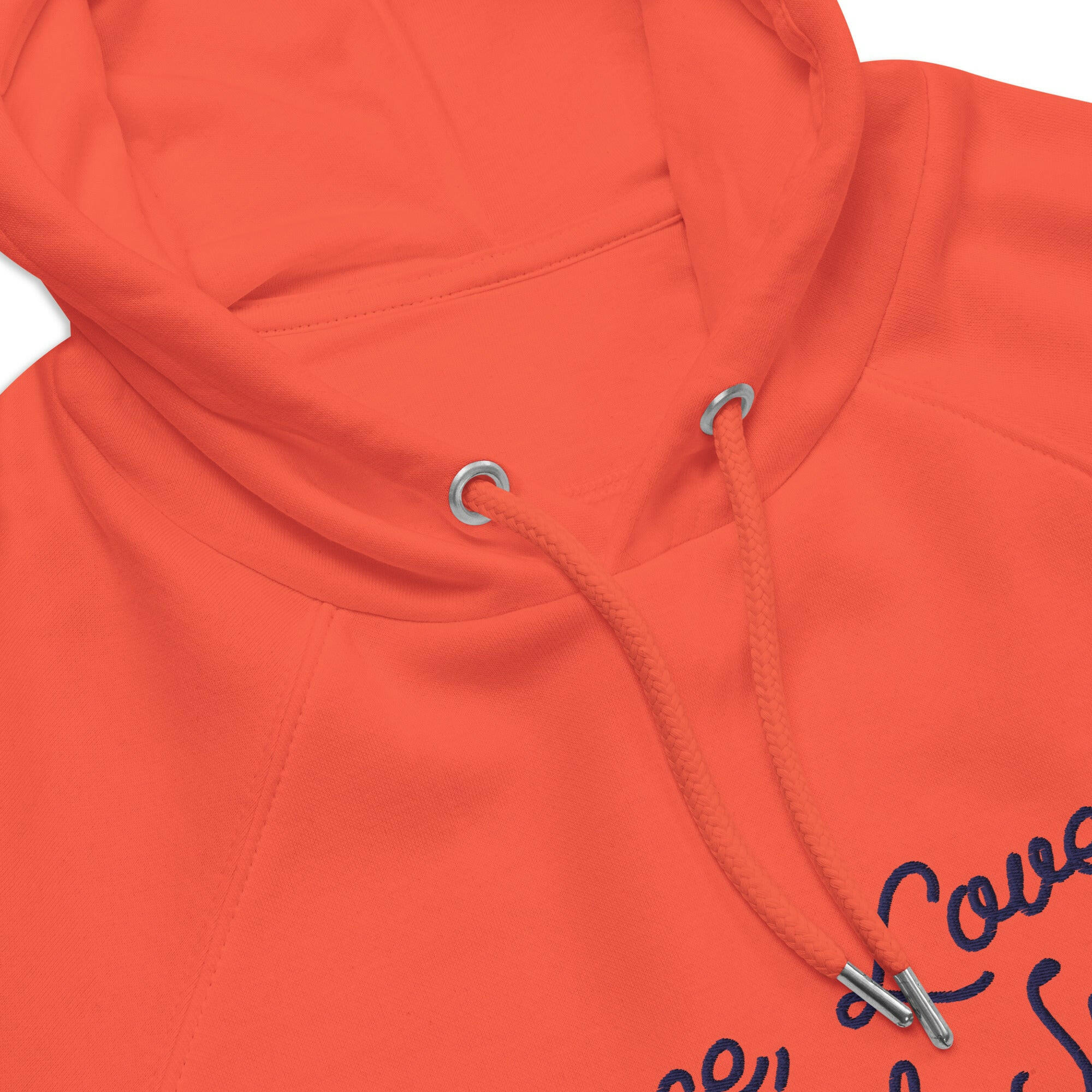 Sweat à capuche écologique Raglan unisexe Peace, Love and Fresh Snow texte bleu marine grand motif brodé