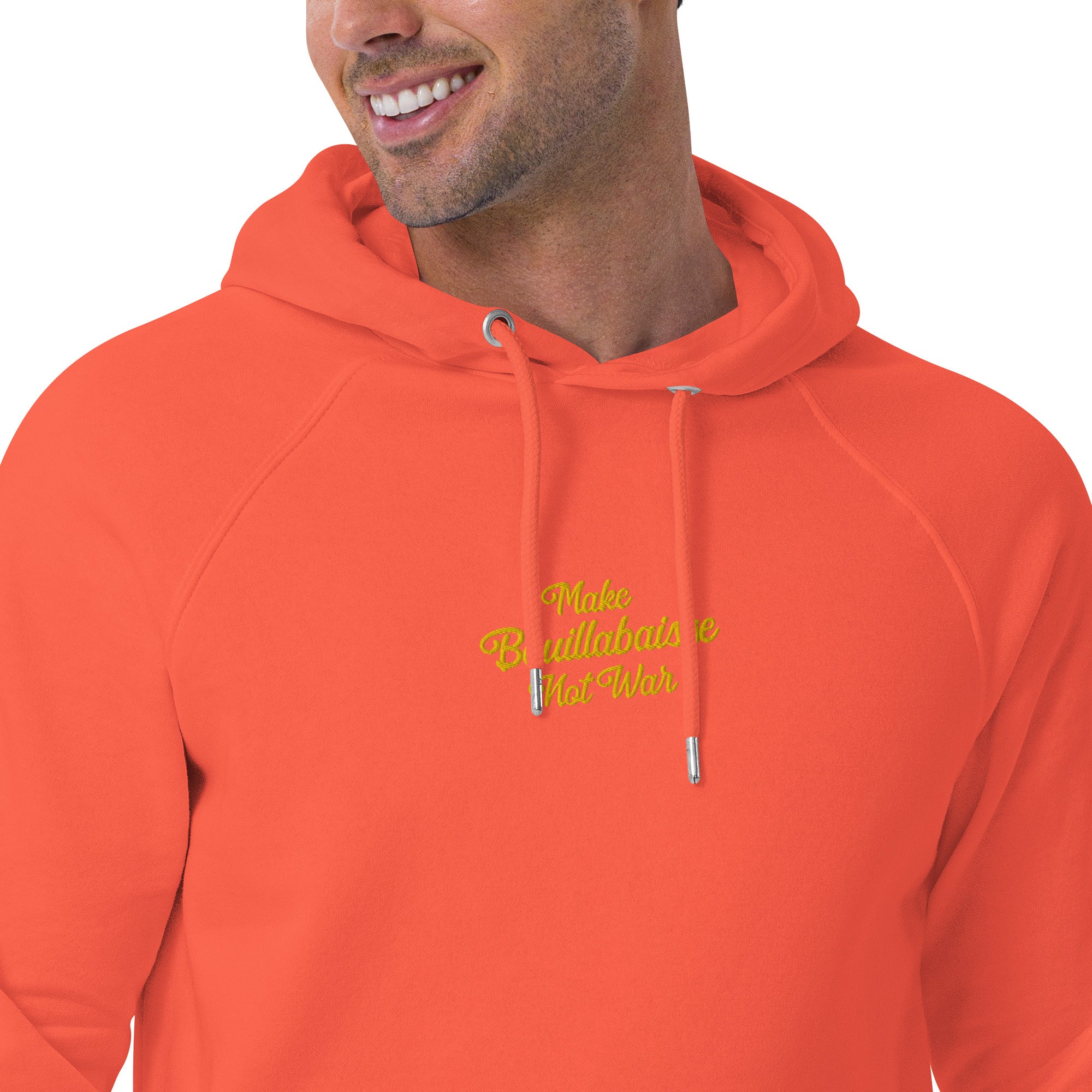 Unisex eco raglan hoodie Make Bouillabaisse Not War embroidered pattern (front) + print (back)