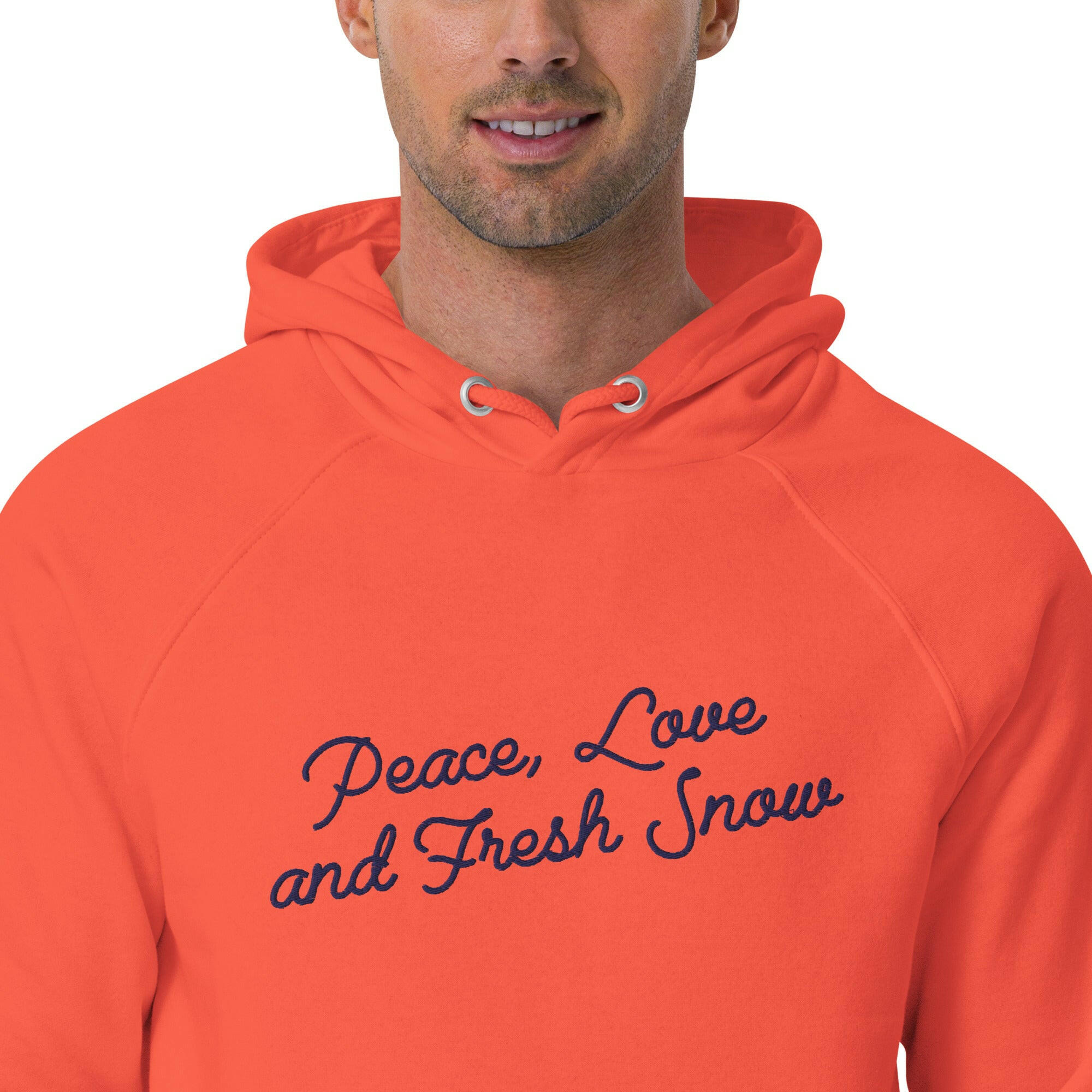 Sweat à capuche écologique Raglan unisexe Peace, Love and Fresh Snow texte bleu marine grand motif brodé