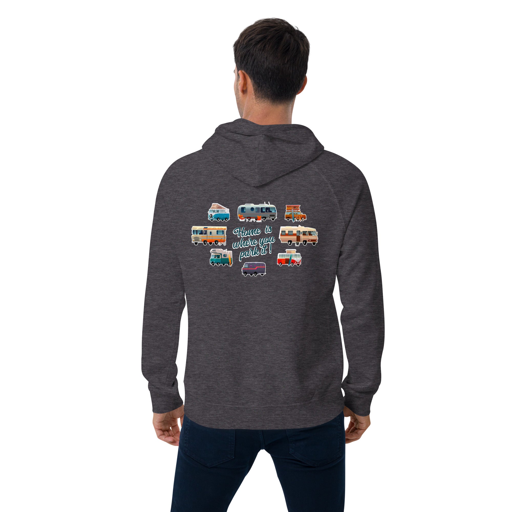 Unisex eco raglan hoodie Square Vintage Campers Home is where you park it white embroidered pattern