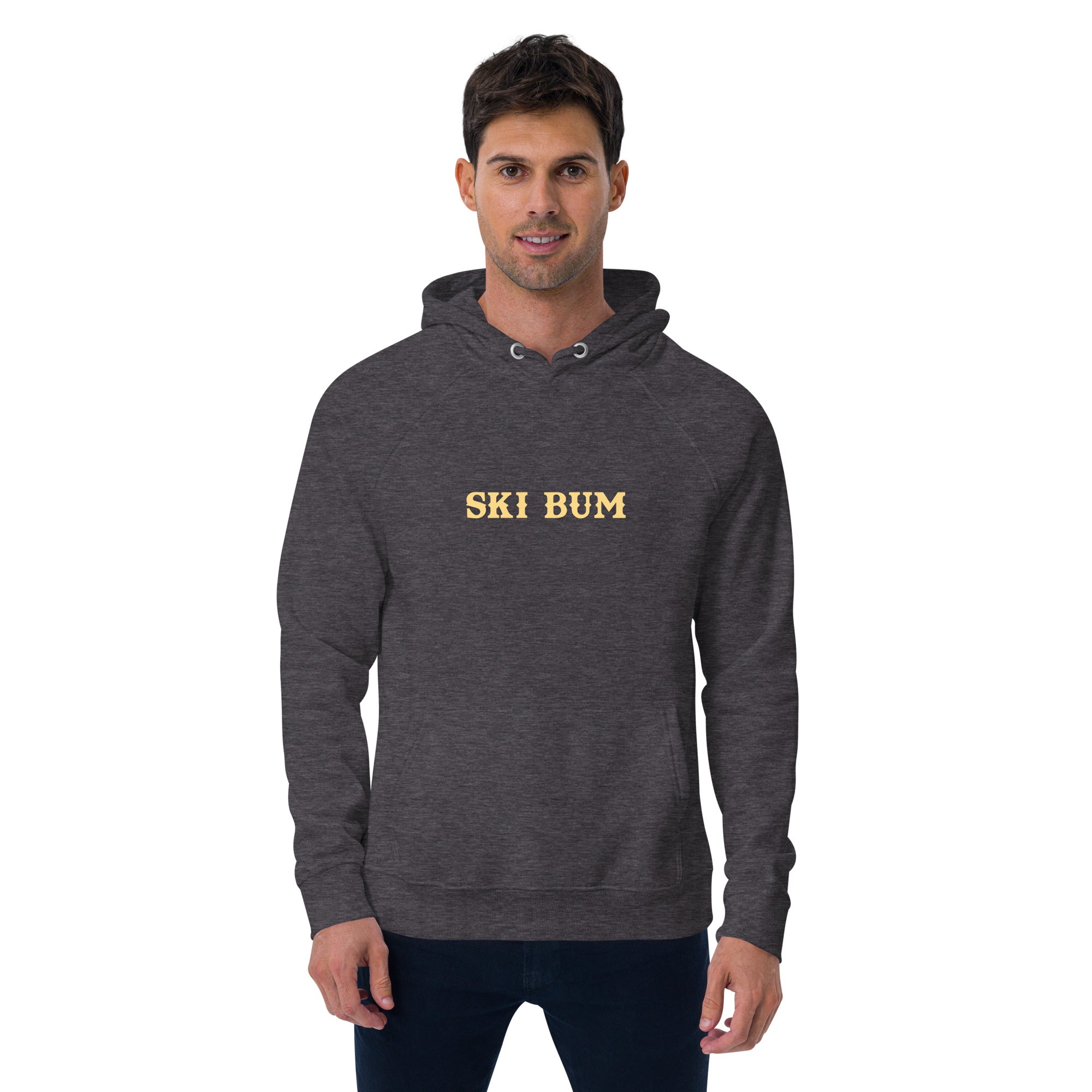 Unisex eco raglan hoodie Ski Bum light text