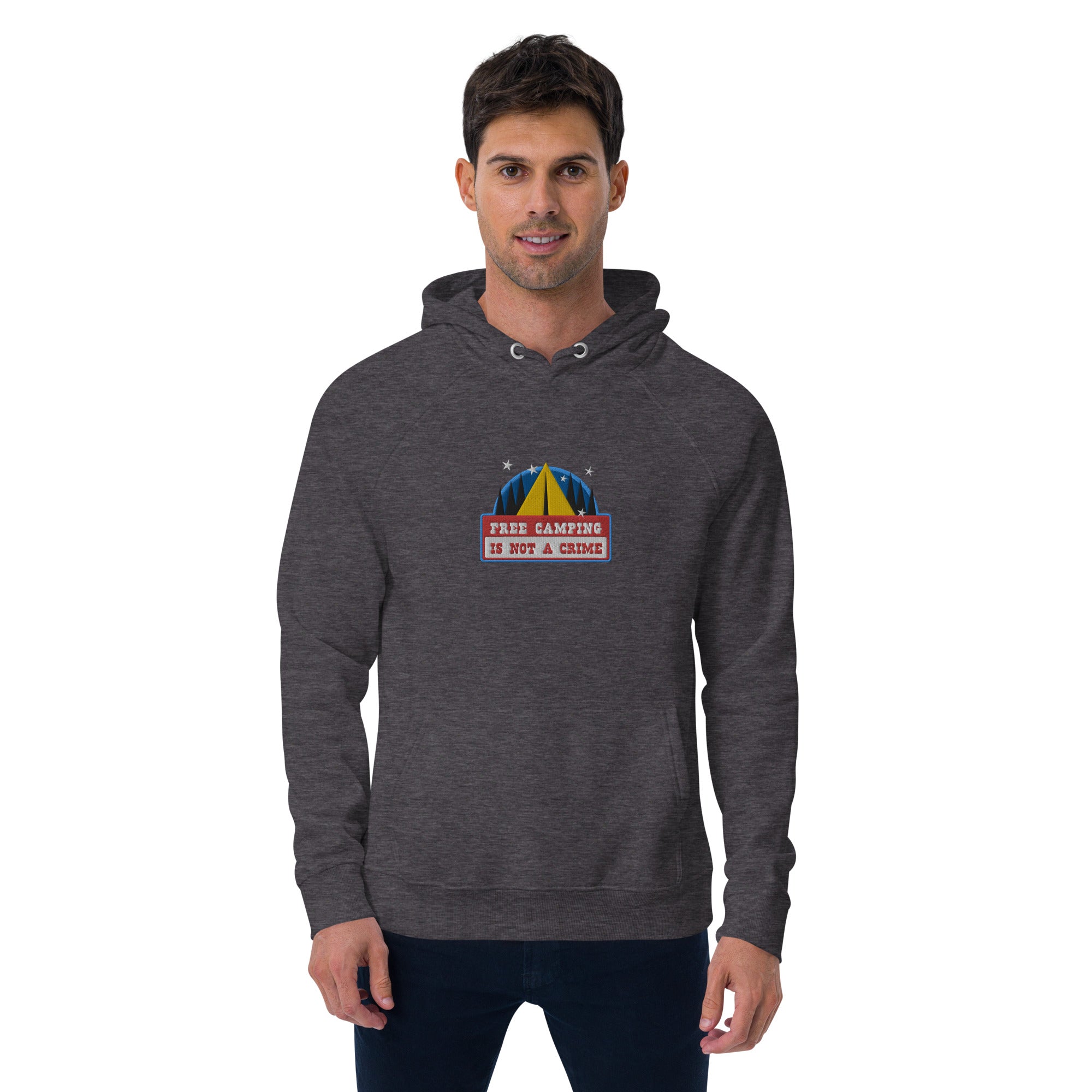 Unisex eco raglan hoodie Free camping is not a crime graphic multicolor embroidered pattern