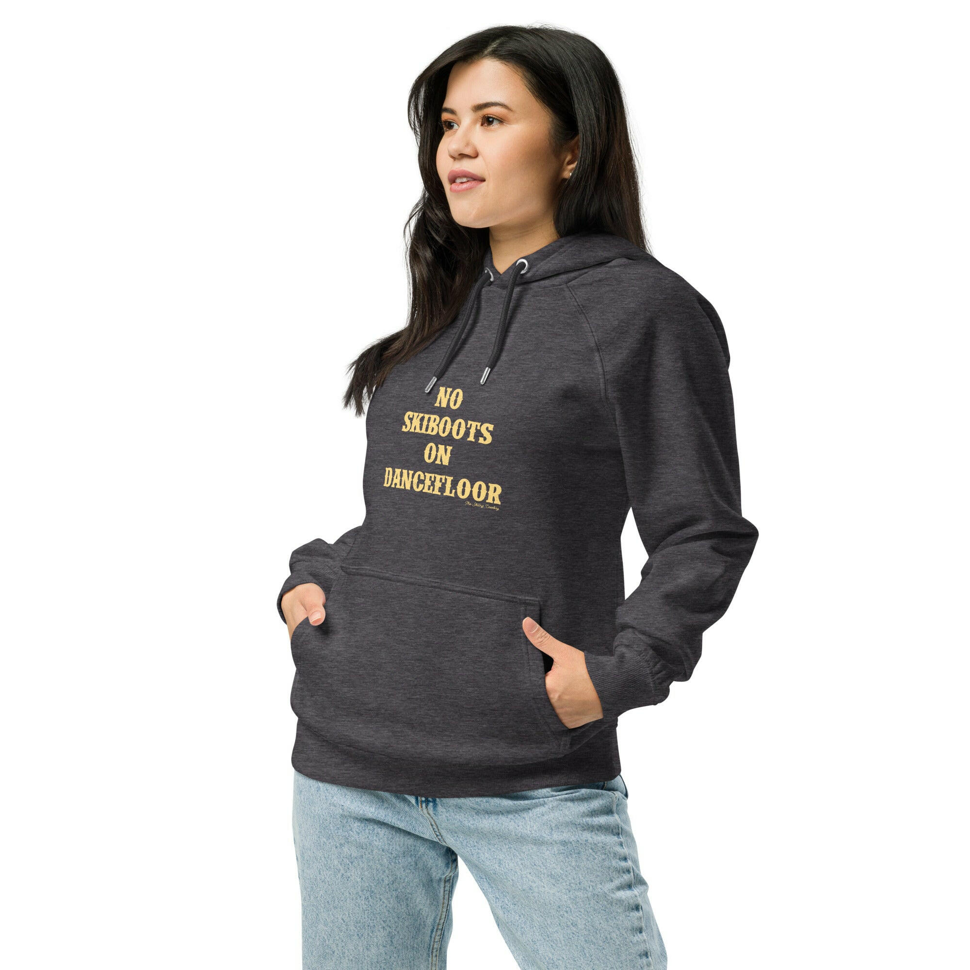 Unisex eco raglan hoodie No Skiboots on Dancefloor on dark colors