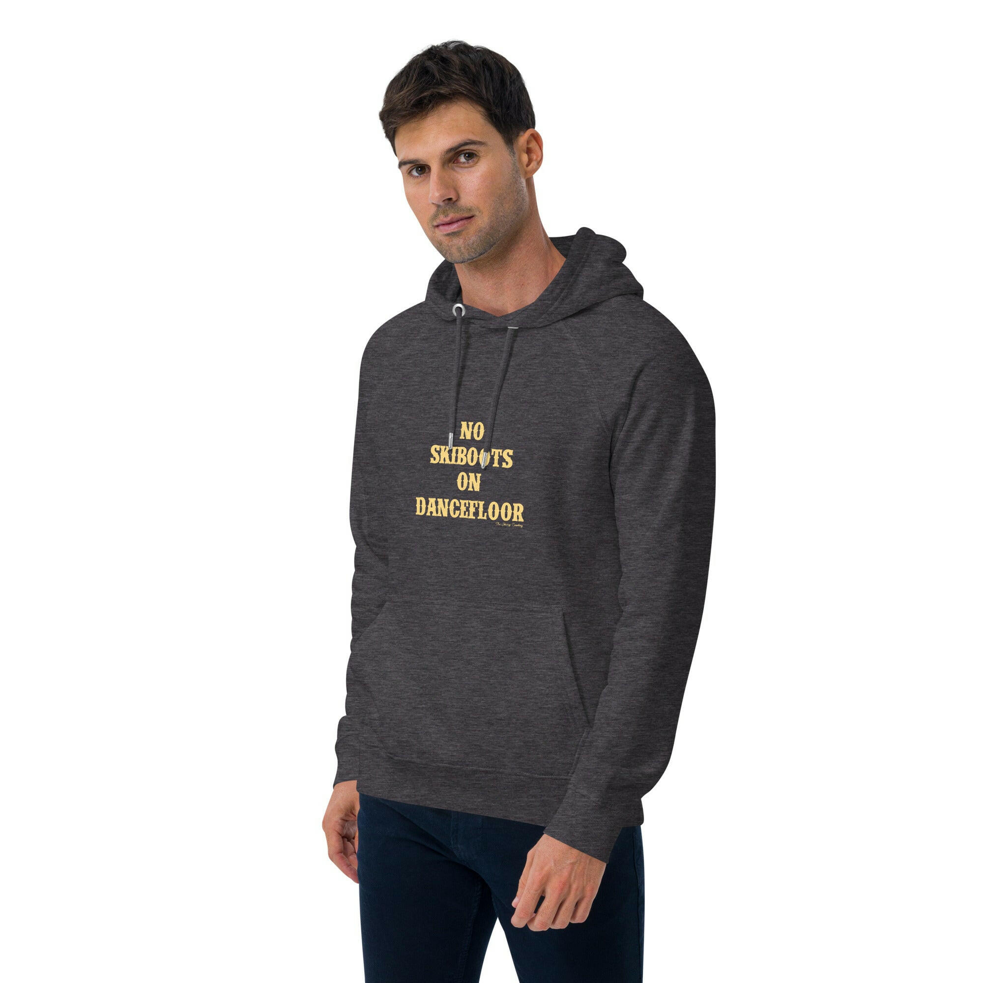 Unisex eco raglan hoodie No Skiboots on Dancefloor on dark colors