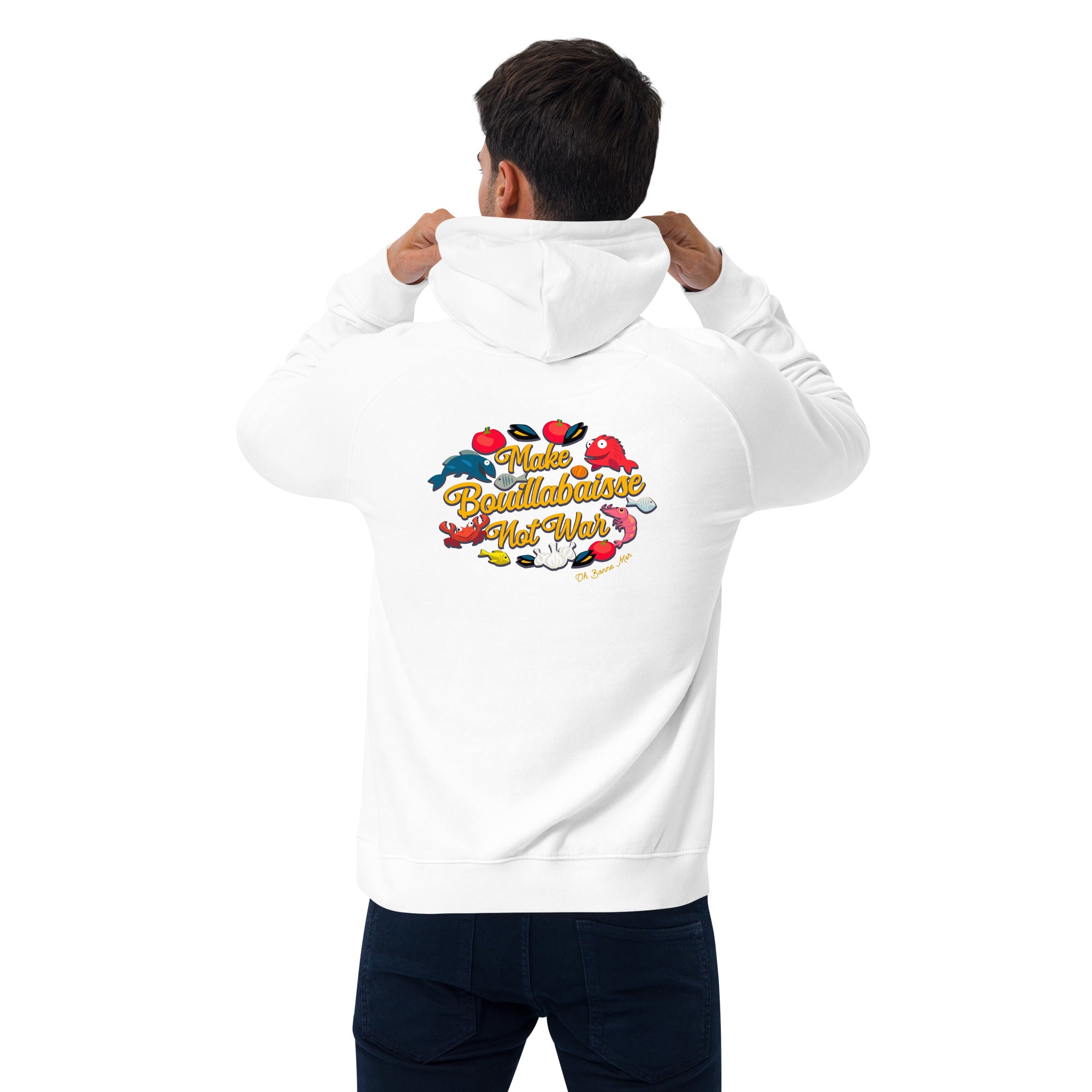 Unisex eco raglan hoodie Make Bouillabaisse Not War embroidered pattern (front) + print (back)