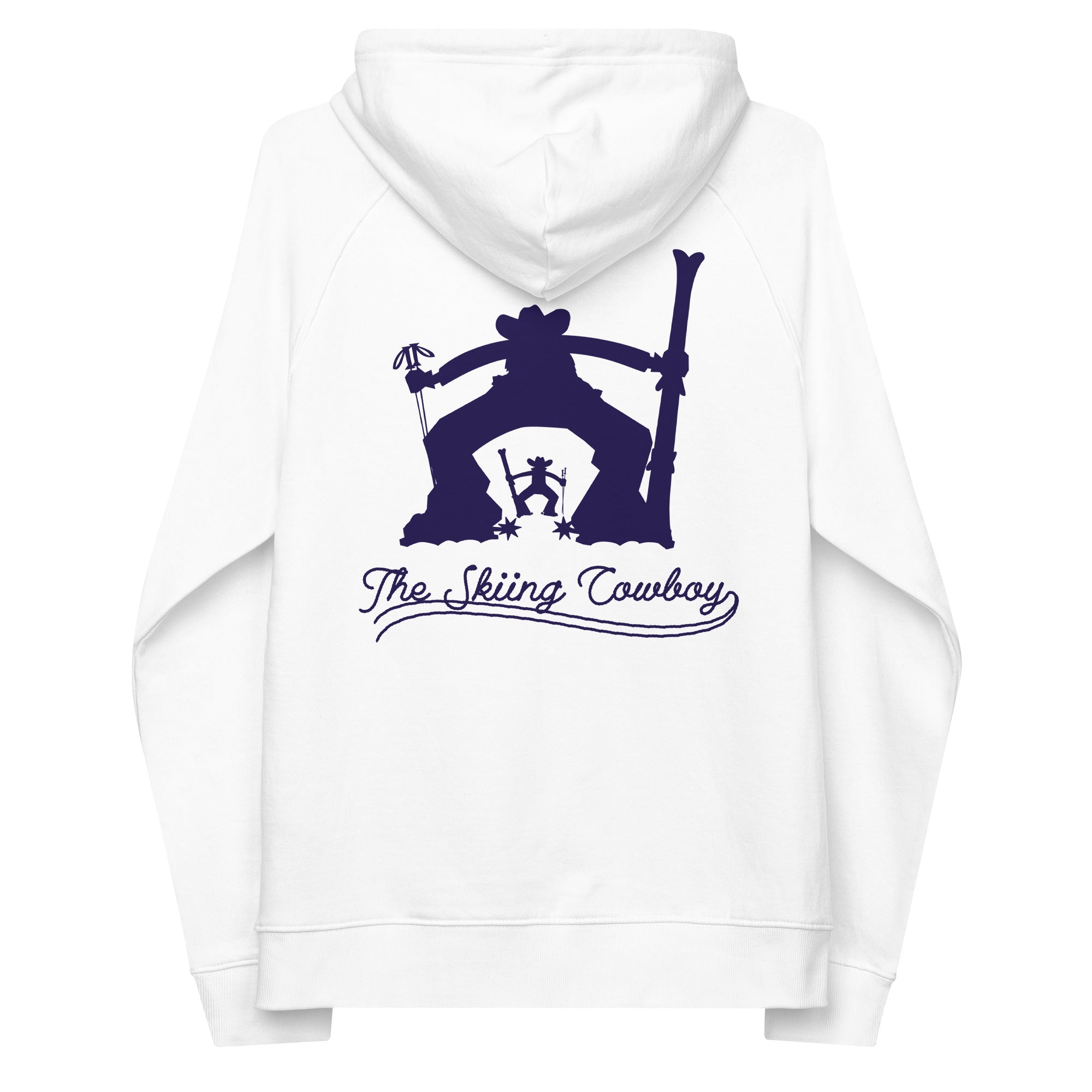Unisex eco raglan hoodie The Skiing Cowboy Duel Silhouette (front & back)