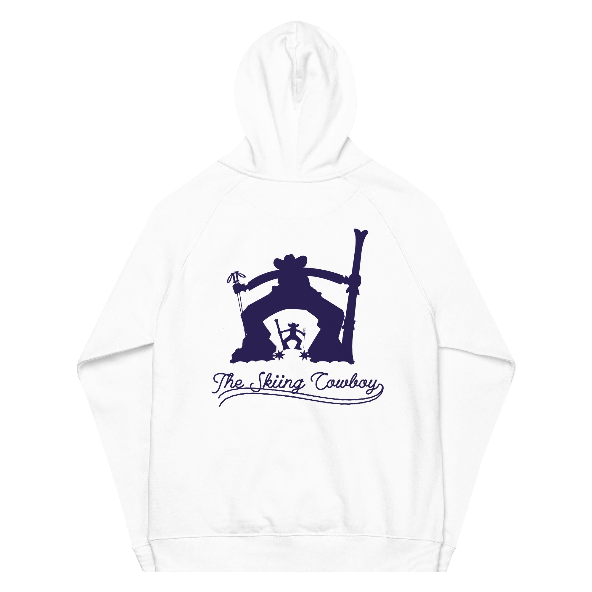 Unisex eco raglan hoodie The Skiing Cowboy Duel Silhouette (front & back)