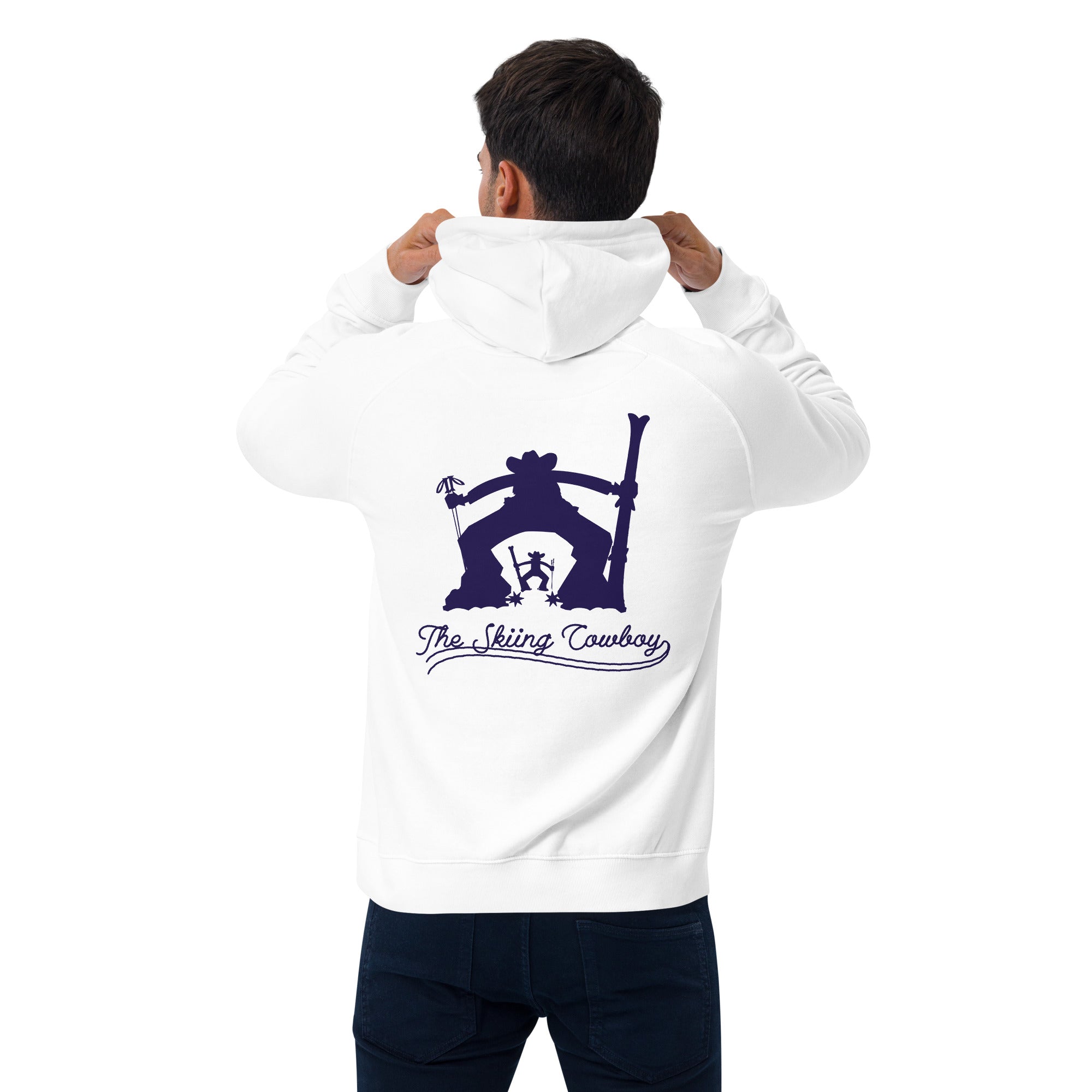 Unisex eco raglan hoodie The Skiing Cowboy Duel Silhouette (front & back)