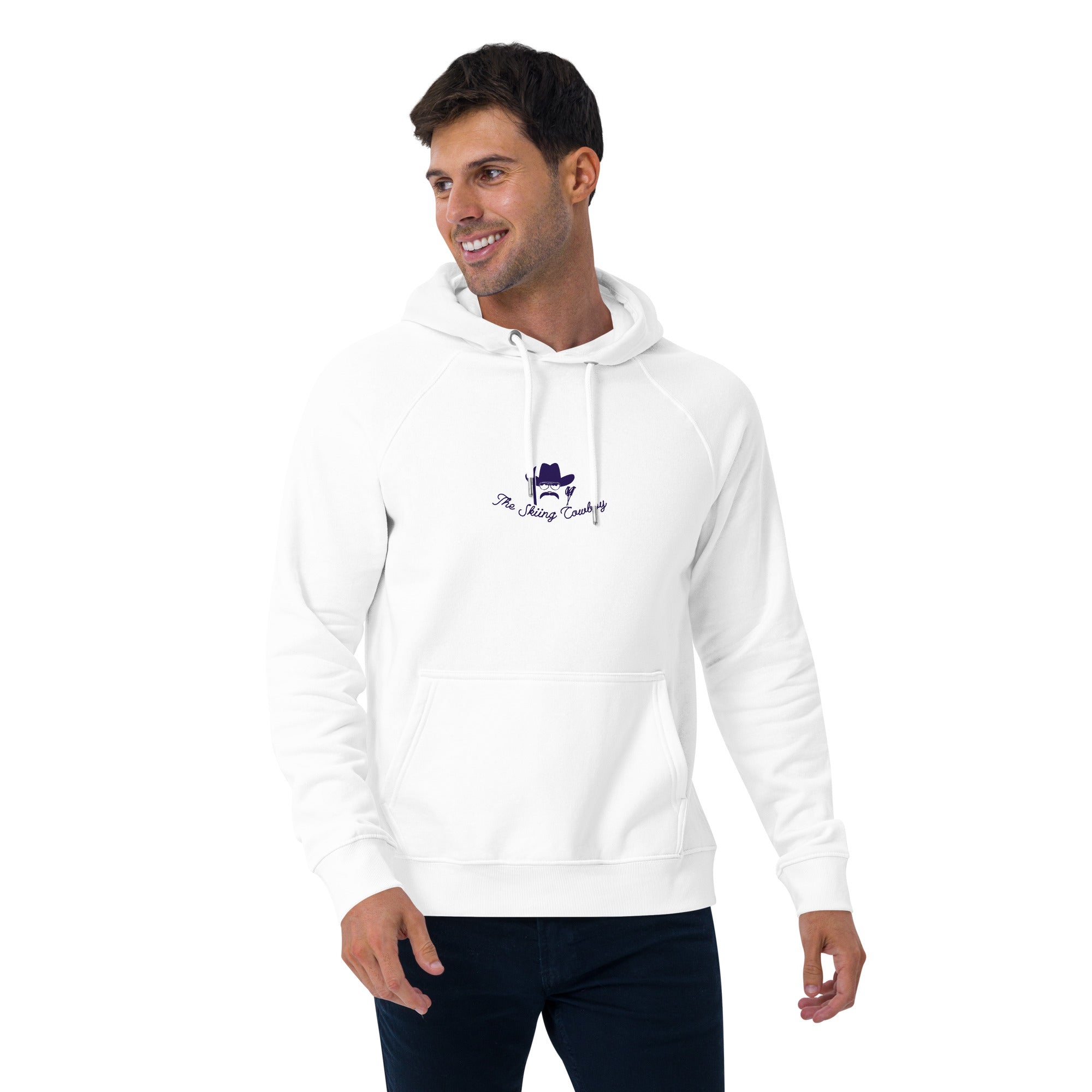 Unisex eco raglan hoodie The Skiing Cowboy Duel Silhouette (front & back)