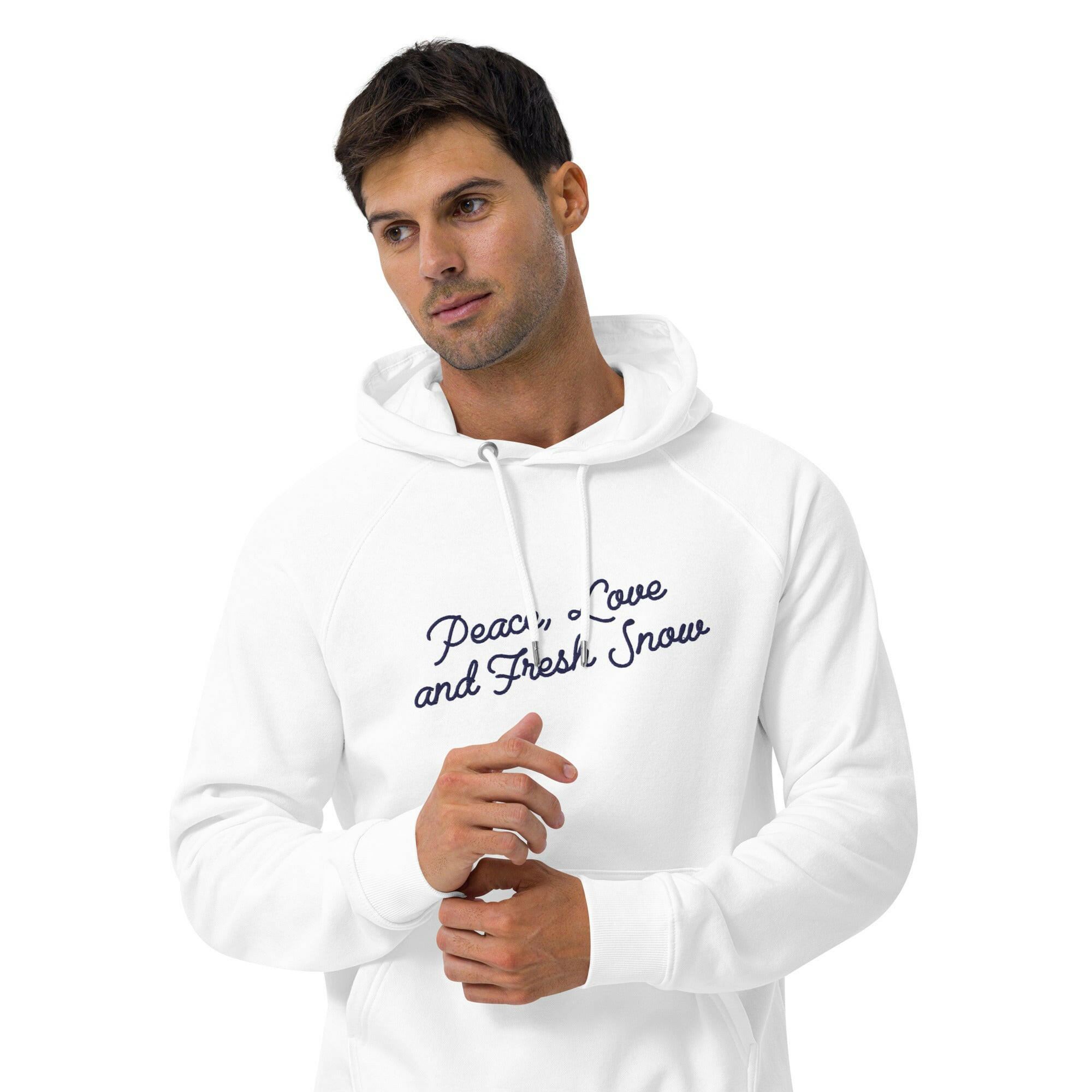 Sweat à capuche écologique Raglan unisexe Peace, Love and Fresh Snow texte bleu marine grand motif brodé