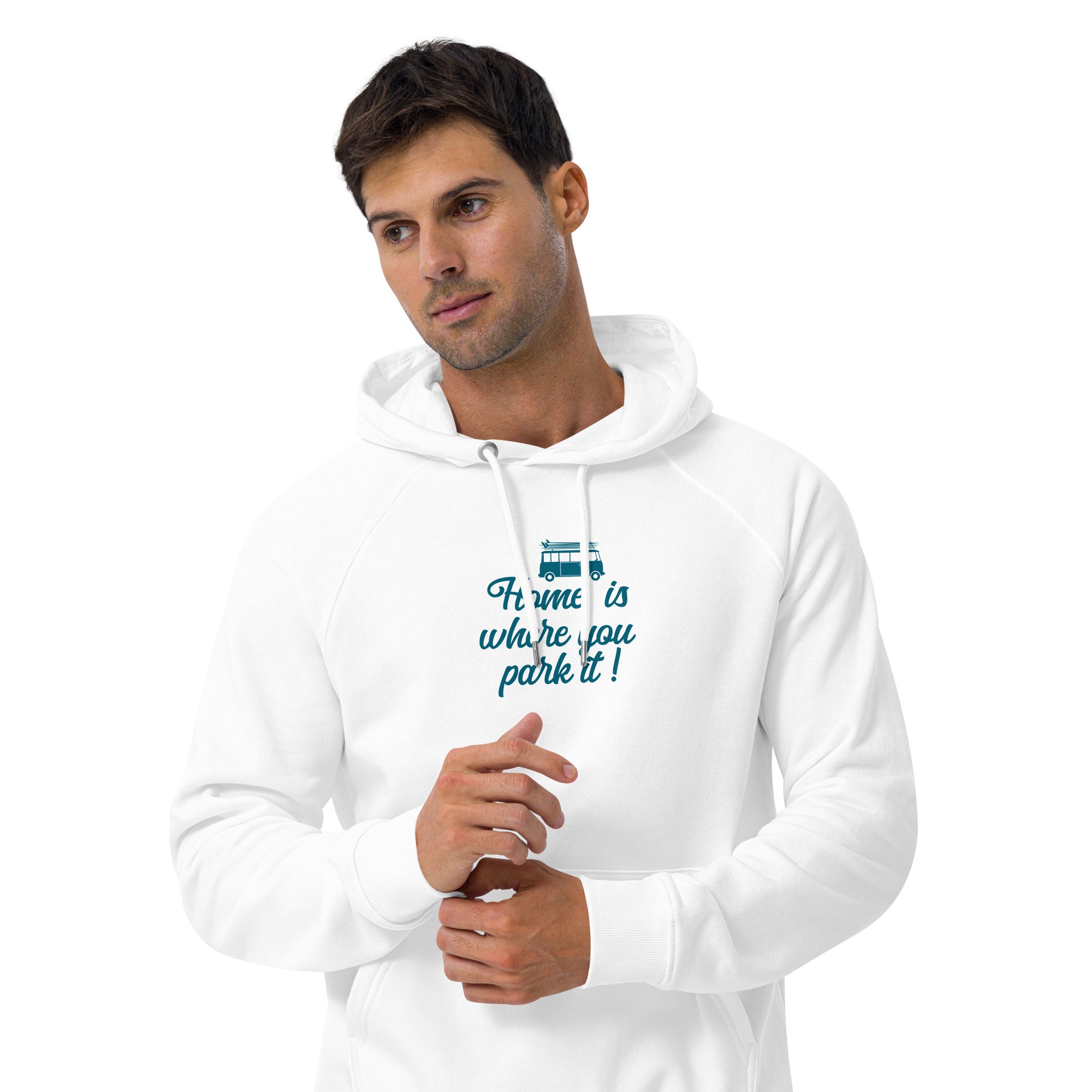 Unisex eco raglan hoodie Blue Surf Combi Home is where you park it