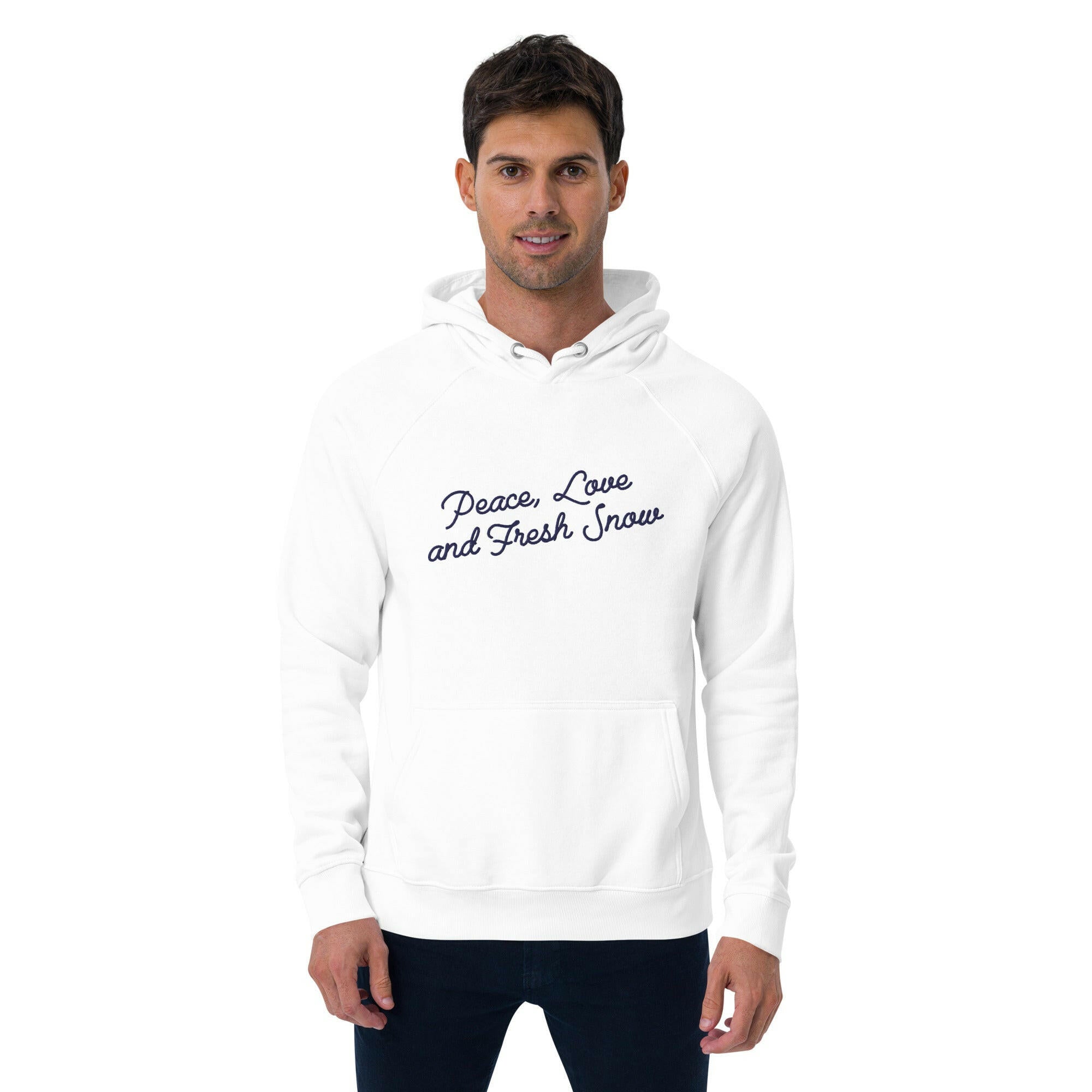 Sweat à capuche écologique Raglan unisexe Peace, Love and Fresh Snow texte bleu marine grand motif brodé