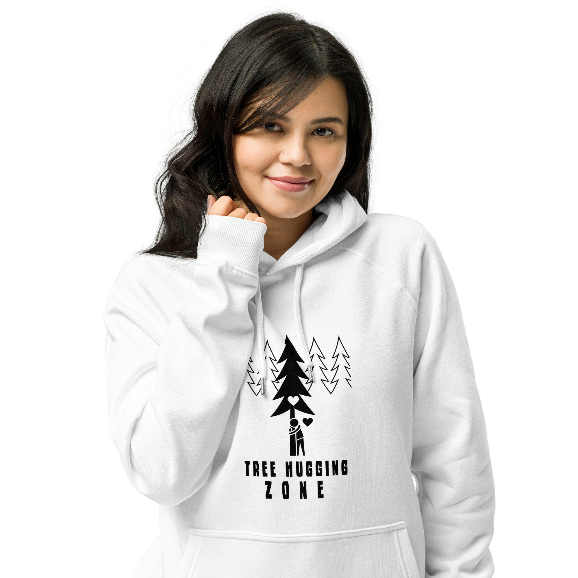 Sweat à capuche écologique Raglan unisexe Tree hugging zone sur fond clair