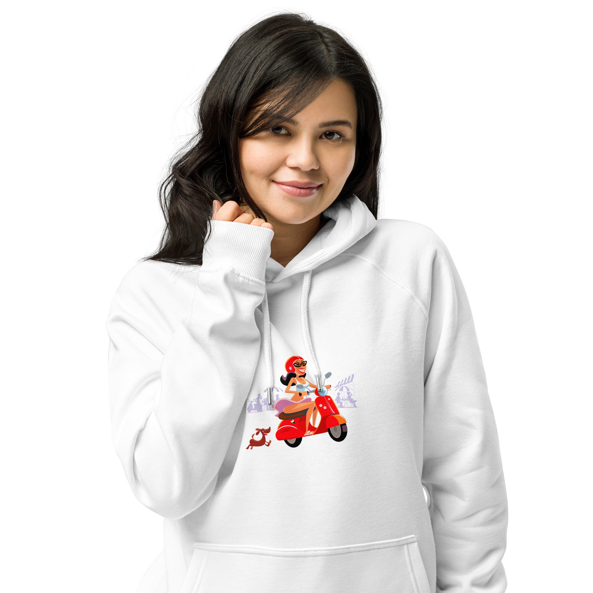 Sweat à capuche écologique Raglan unisexe Vespa Girl in St Tropez