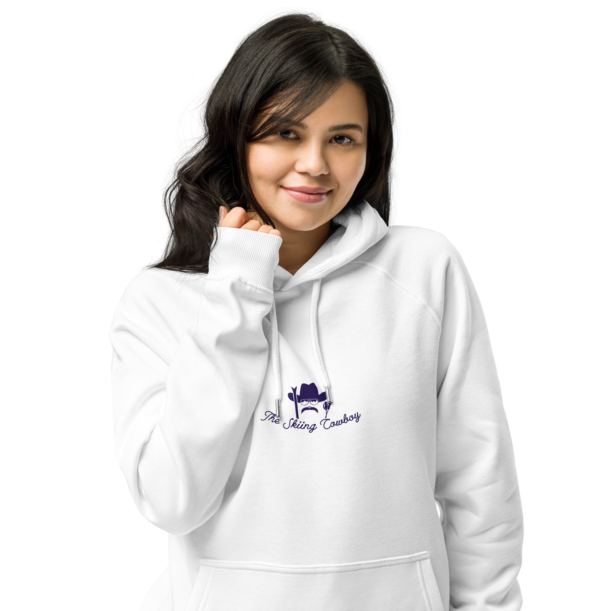 Unisex eco raglan hoodie The Skiing Cowboy Duel Silhouette (front & back)