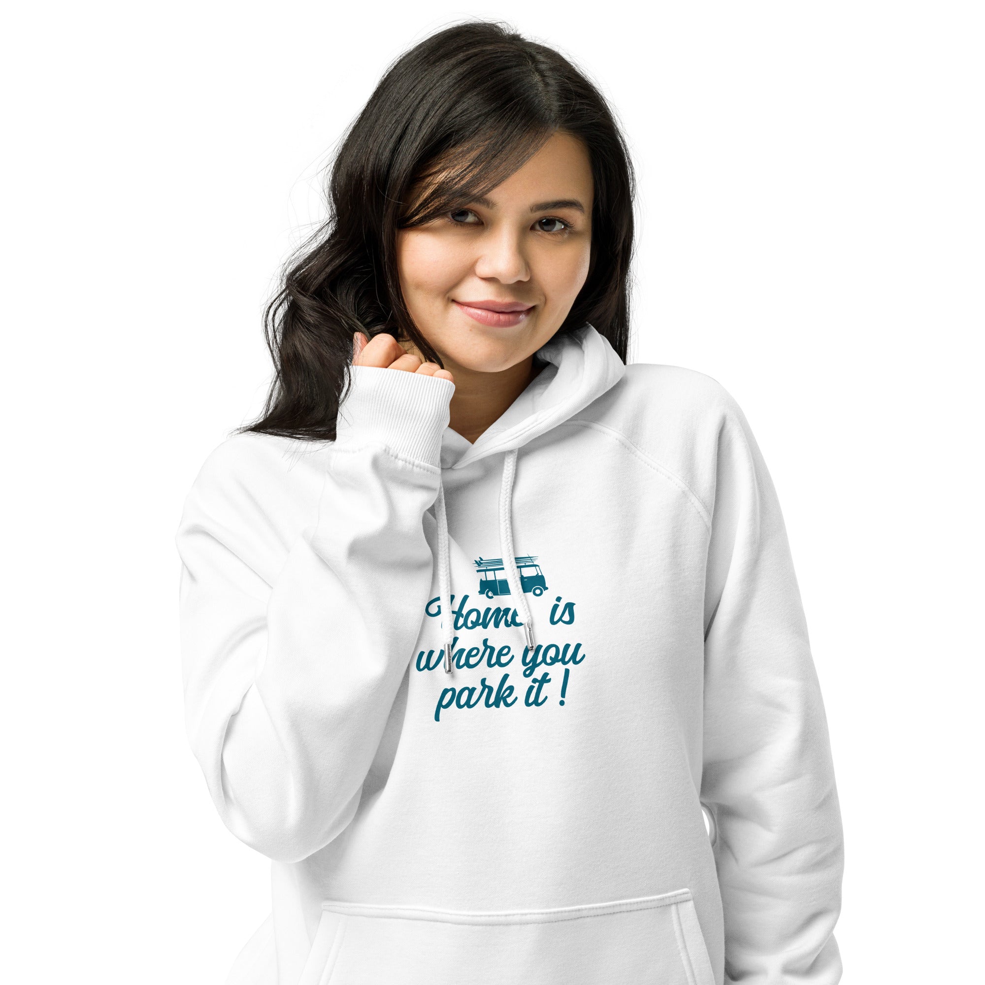 Unisex eco raglan hoodie Blue Surf Combi Home is where you park it