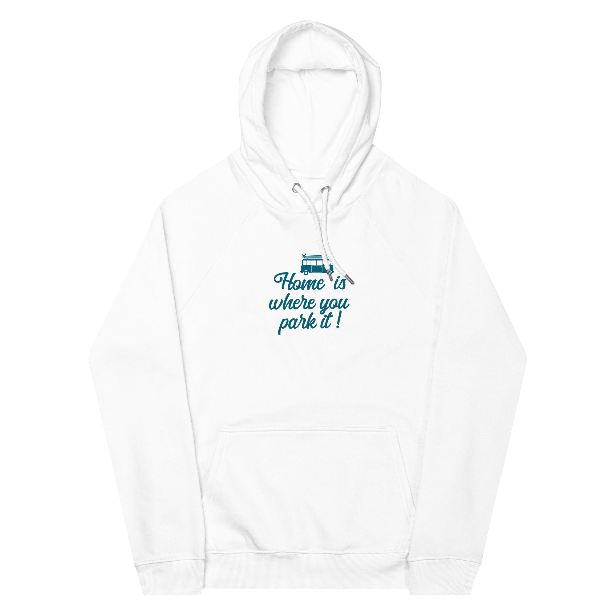 Unisex eco raglan hoodie Blue Surf Combi Home is where you park it