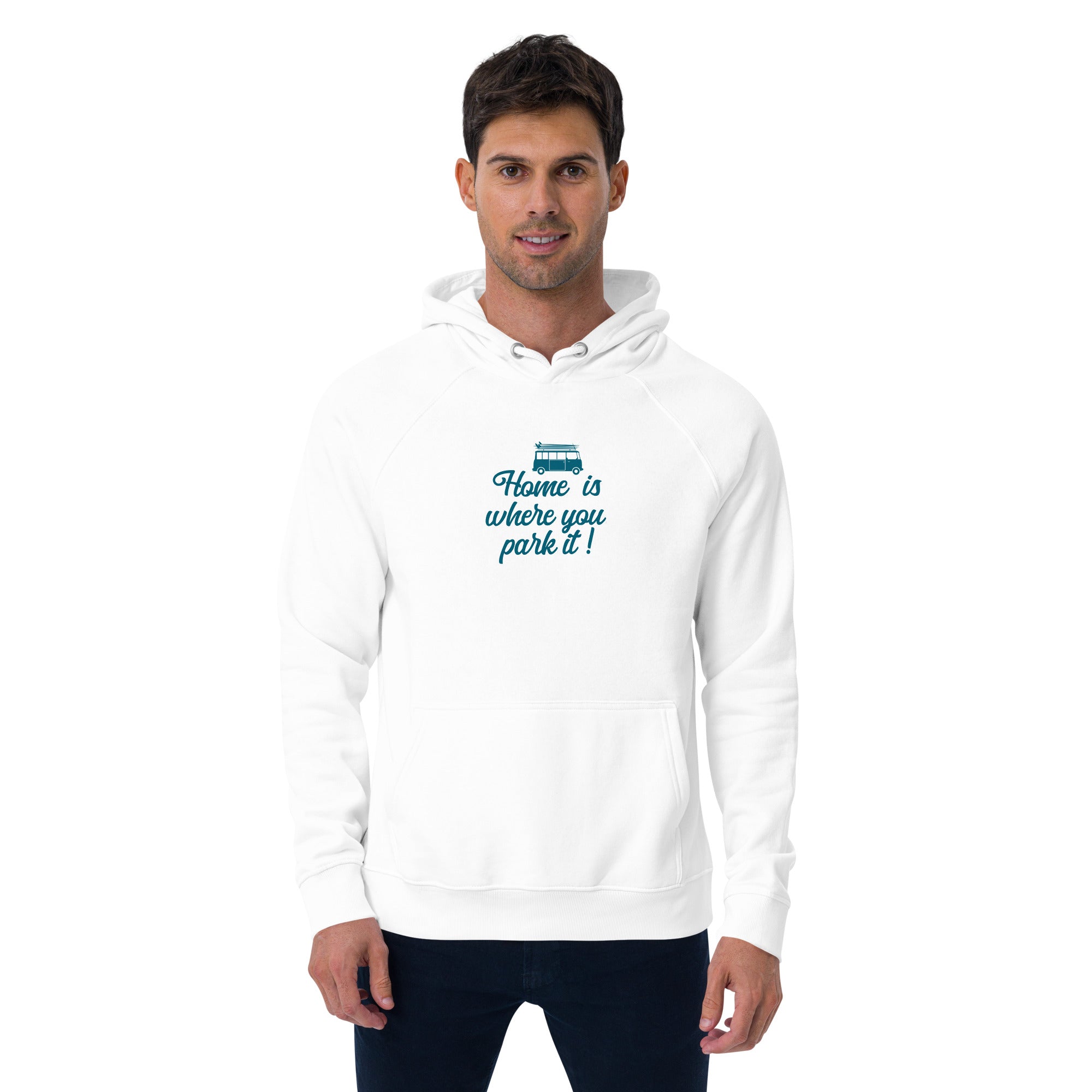 Unisex eco raglan hoodie Blue Surf Combi Home is where you park it