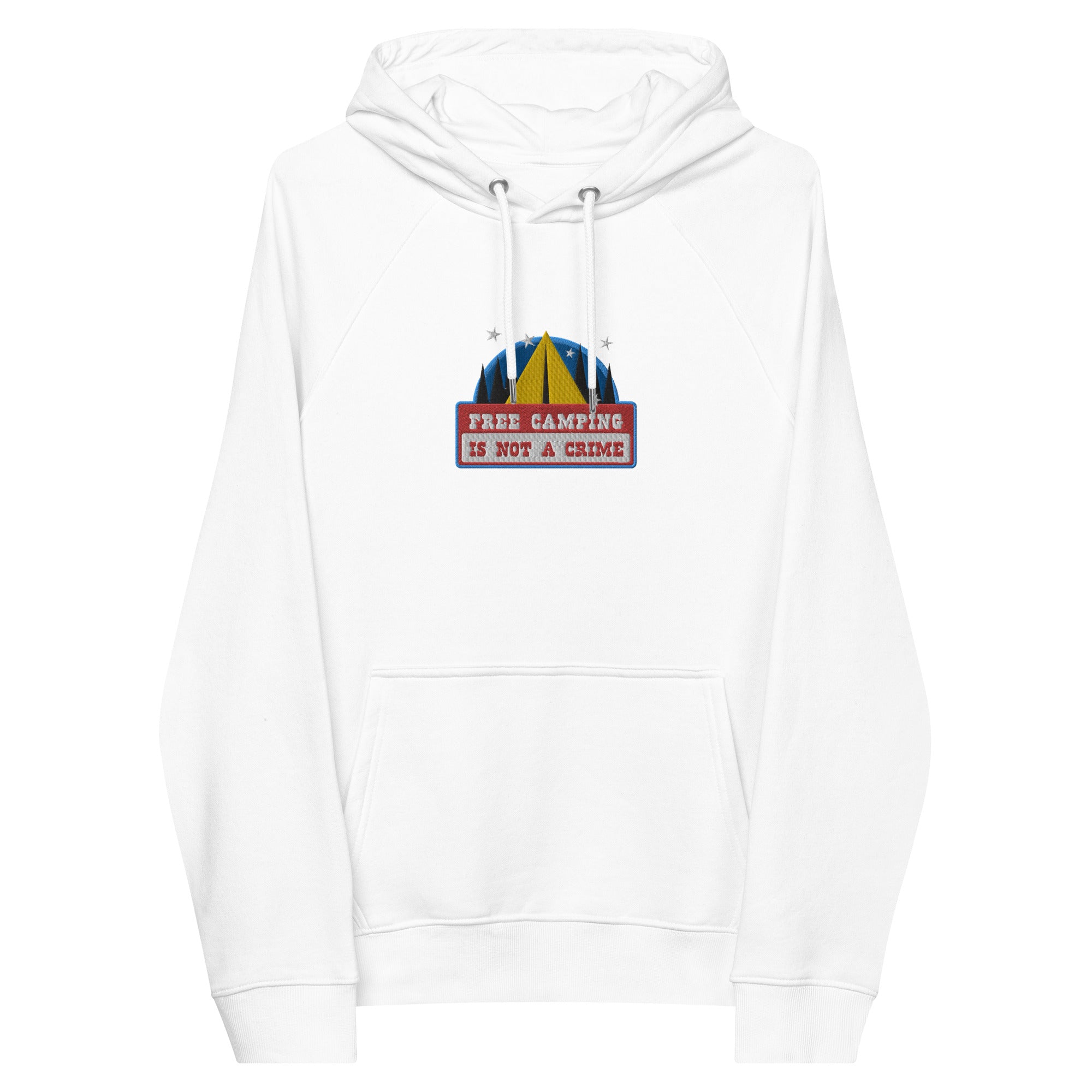Unisex eco raglan hoodie Free camping is not a crime graphic multicolor embroidered pattern
