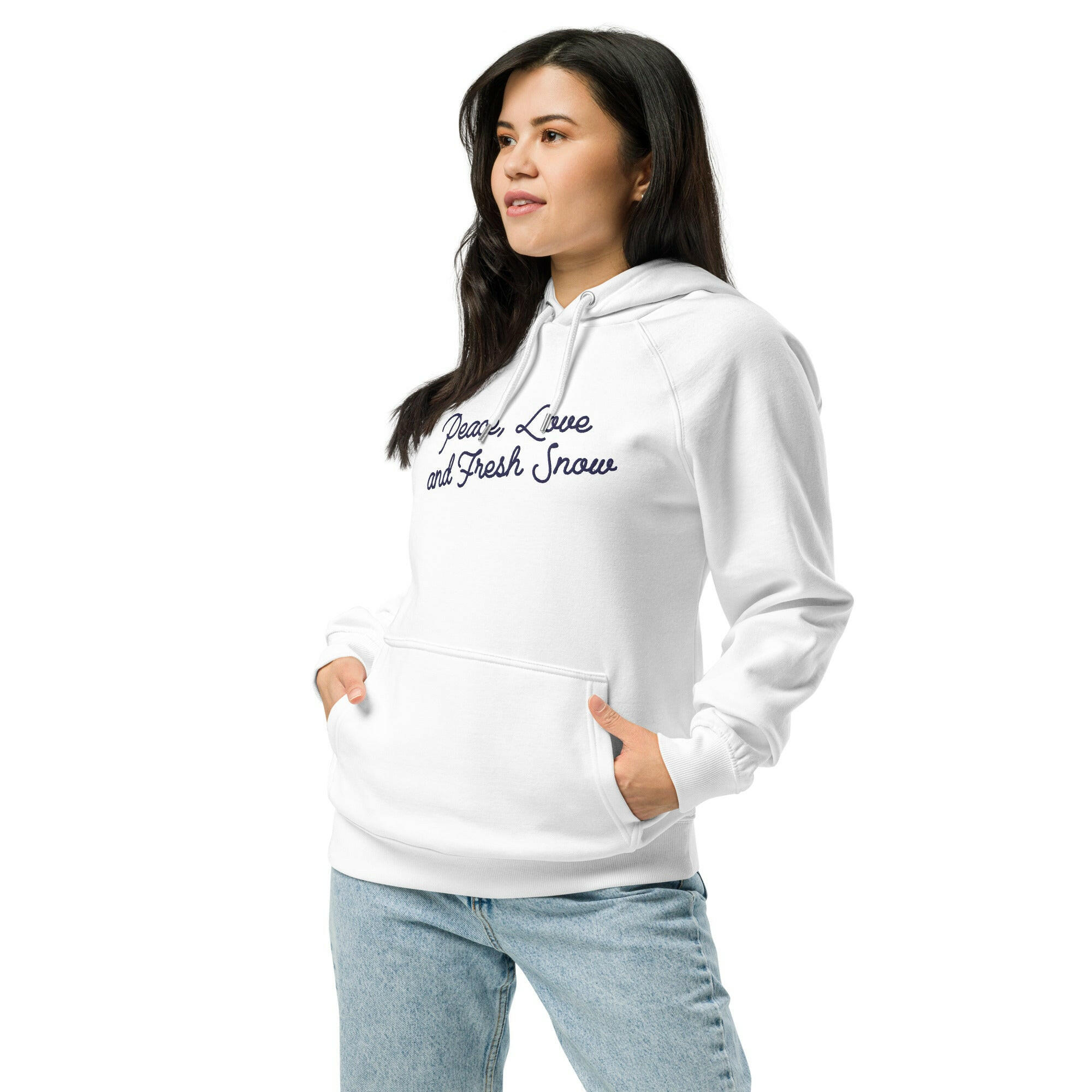 Sweat à capuche écologique Raglan unisexe Peace, Love and Fresh Snow texte bleu marine grand motif brodé