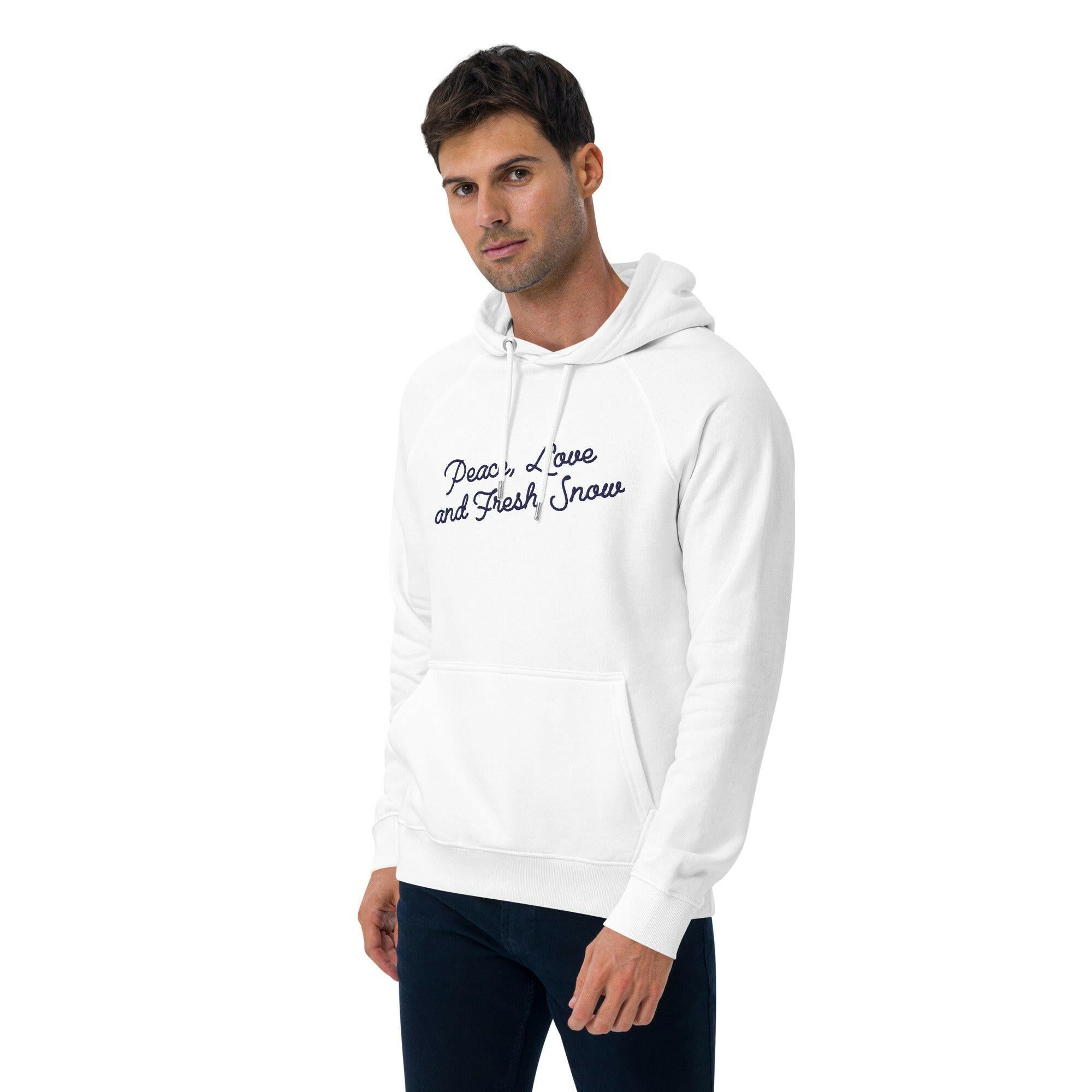 Sweat à capuche écologique Raglan unisexe Peace, Love and Fresh Snow texte bleu marine grand motif brodé