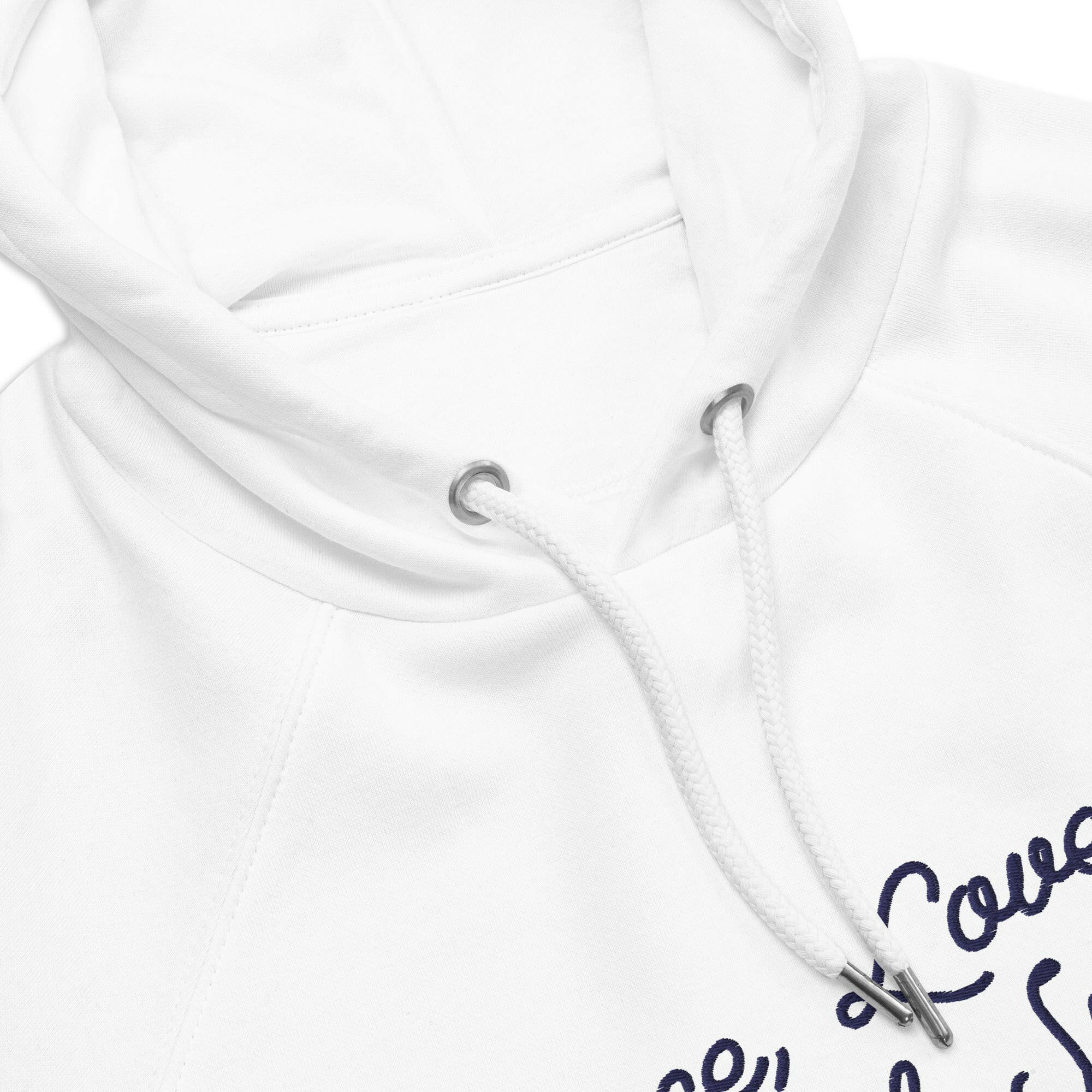 Sweat à capuche écologique Raglan unisexe Peace, Love and Fresh Snow texte bleu marine grand motif brodé