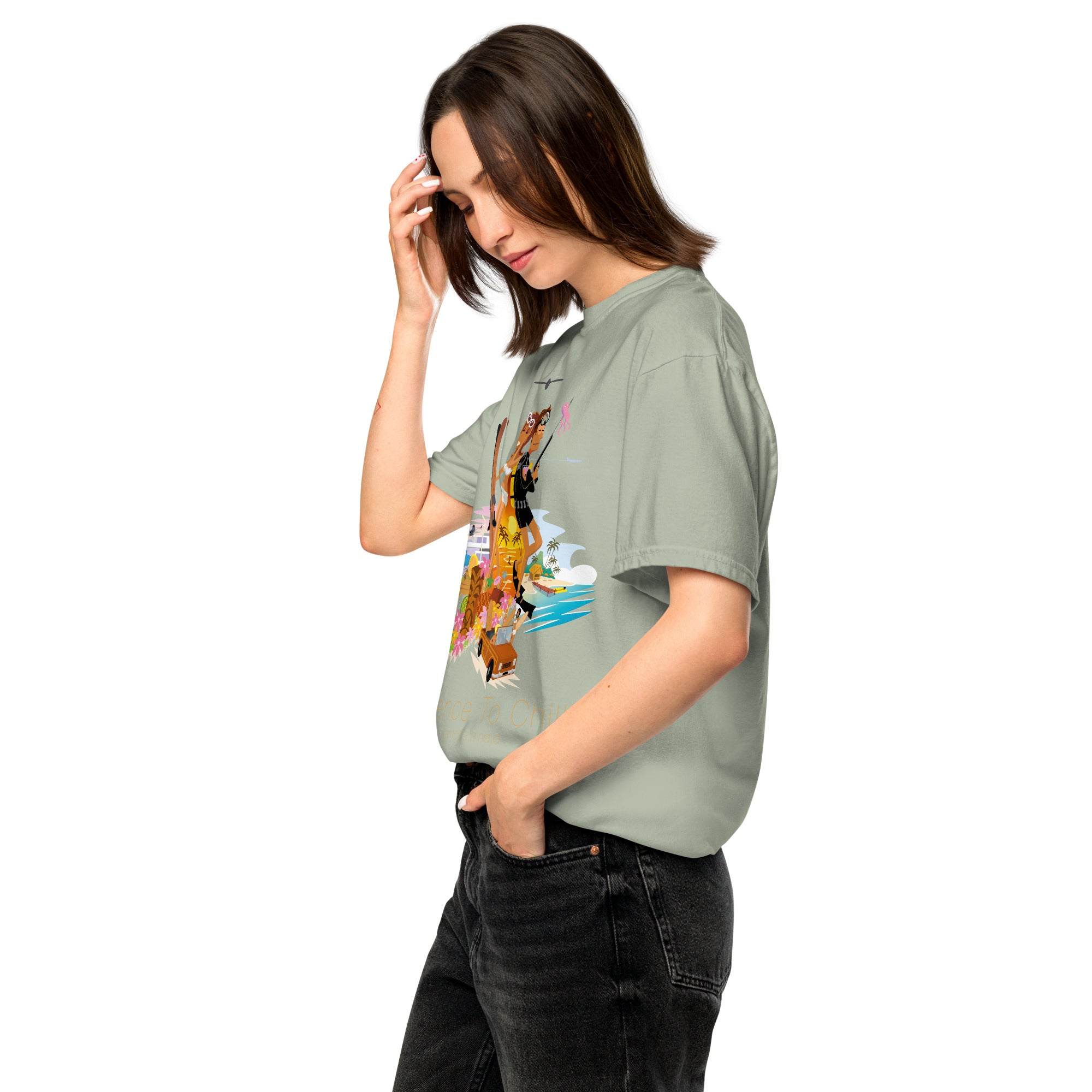 T-shirt teinté lourd unisexe License to Chill Vamos a la Playa sur couleurs claires