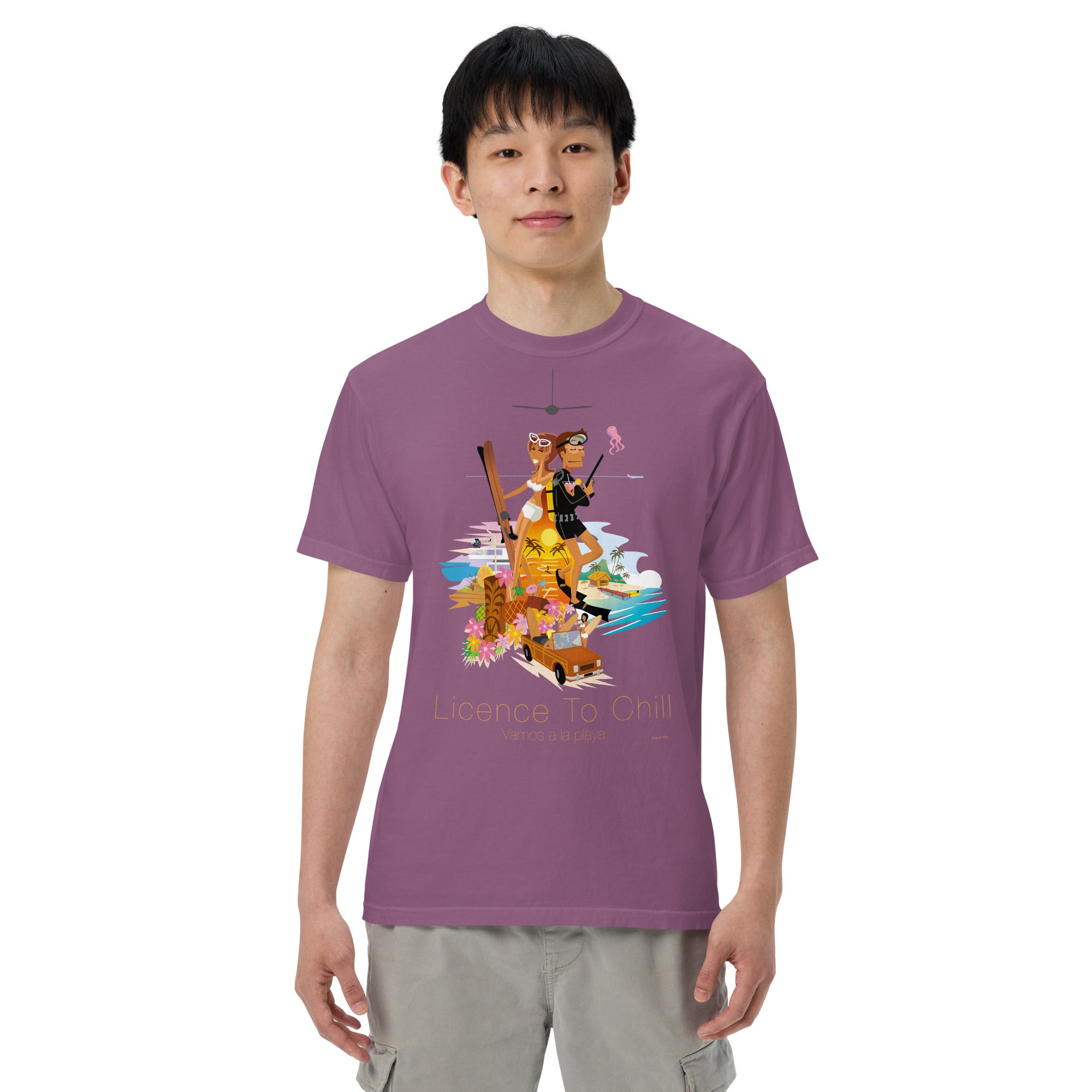 Unisex garment-dyed heavyweight t-shirt License to Chill Vamos a la Playa on dark colors
