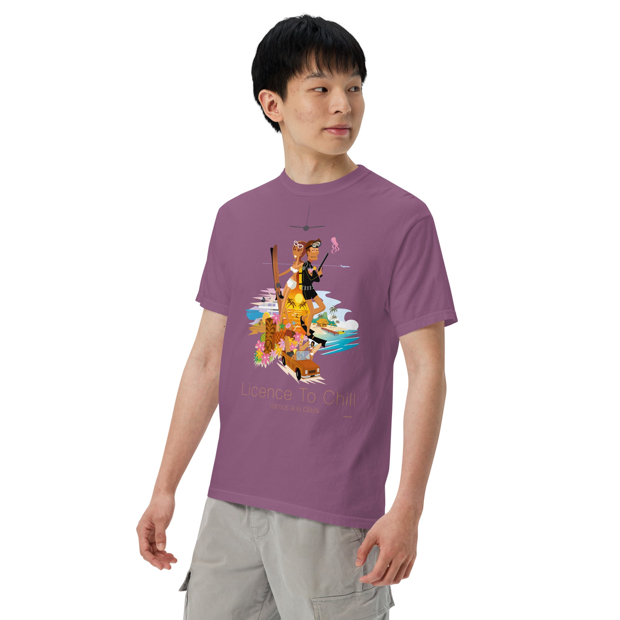 Unisex garment-dyed heavyweight t-shirt License to Chill Vamos a la Playa on dark colors