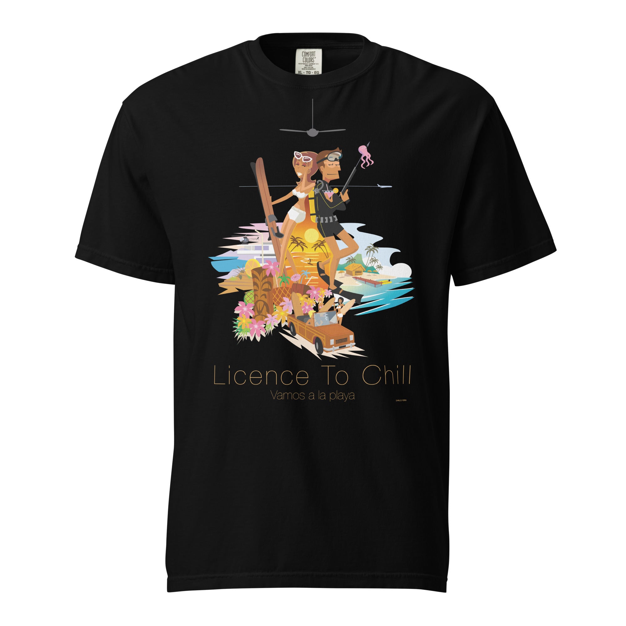 Unisex garment-dyed heavyweight t-shirt License to Chill Vamos a la Playa on dark colors