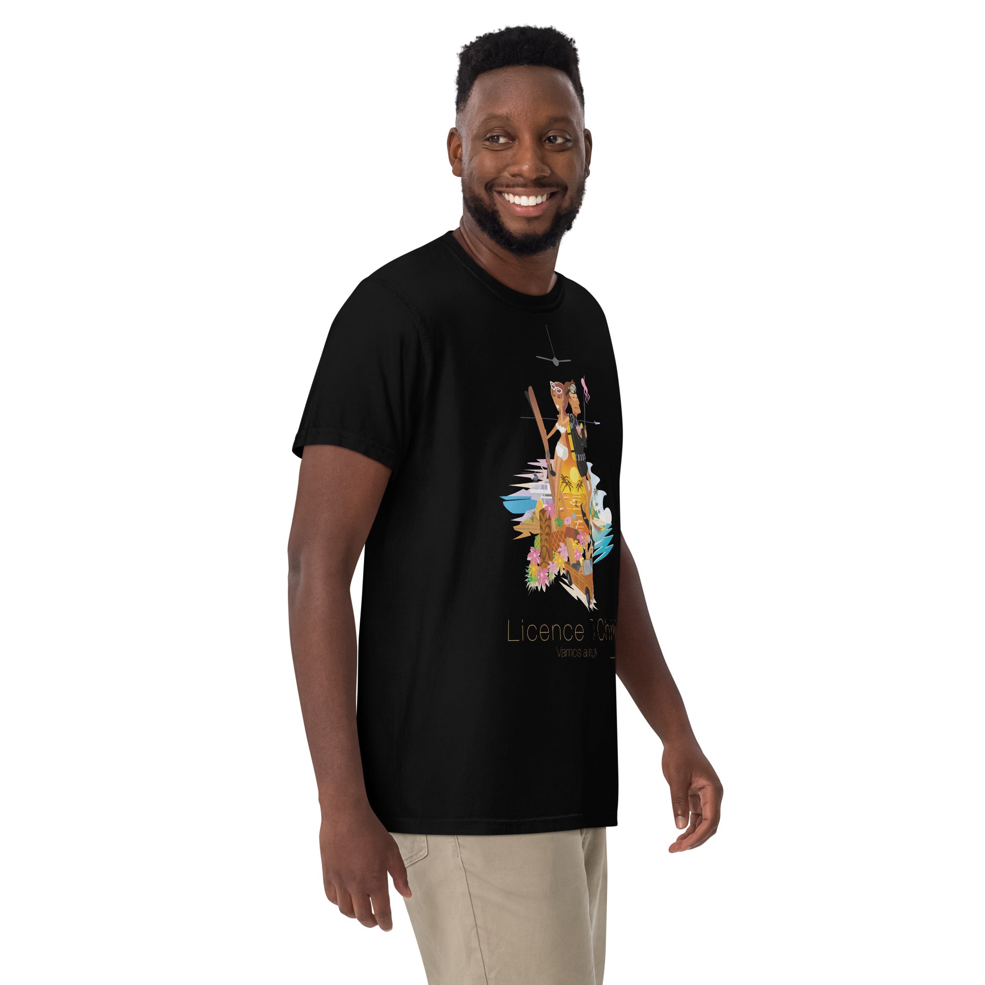 Unisex garment-dyed heavyweight t-shirt License to Chill Vamos a la Playa on dark colors
